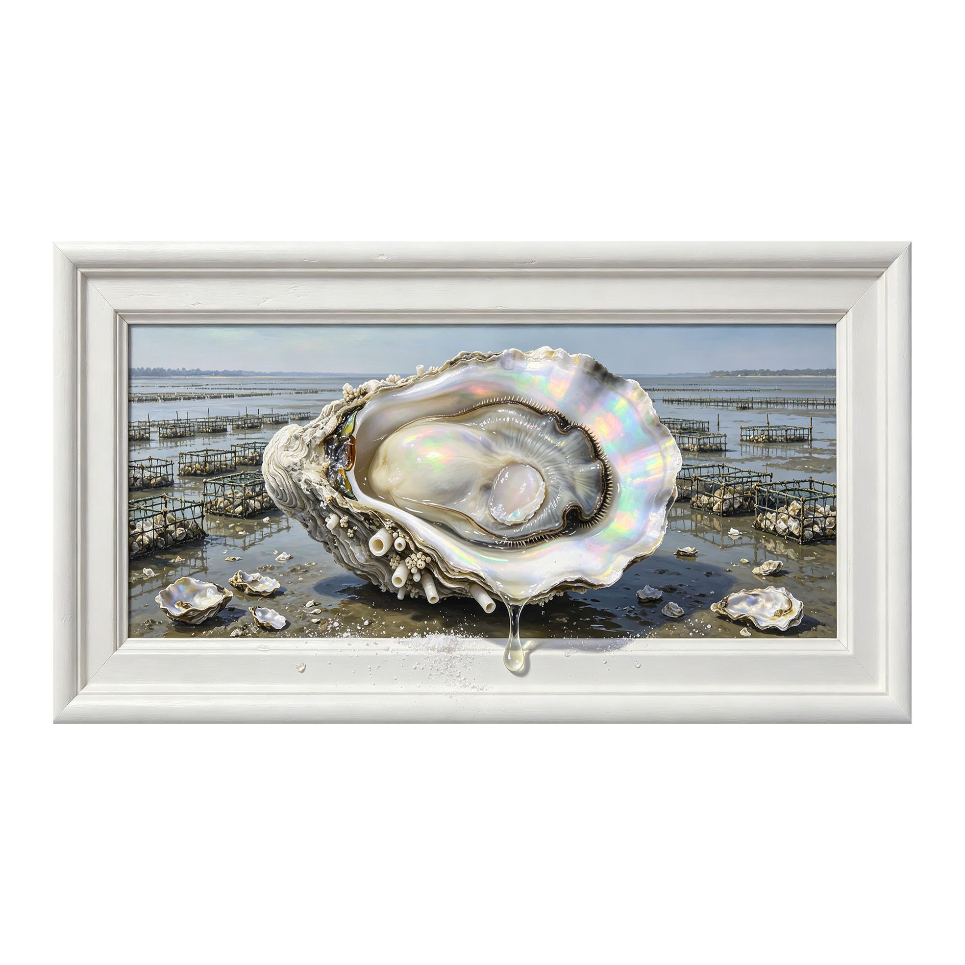 Yzpallescene 3D Framed Wall Art 50cm×100cm Iridescent Oyster Seascape Trompe L'oeil Realistic Large Size SelfAdhesive Removable Wall Decor Prints Artwork for Living Room Bedroom Office
