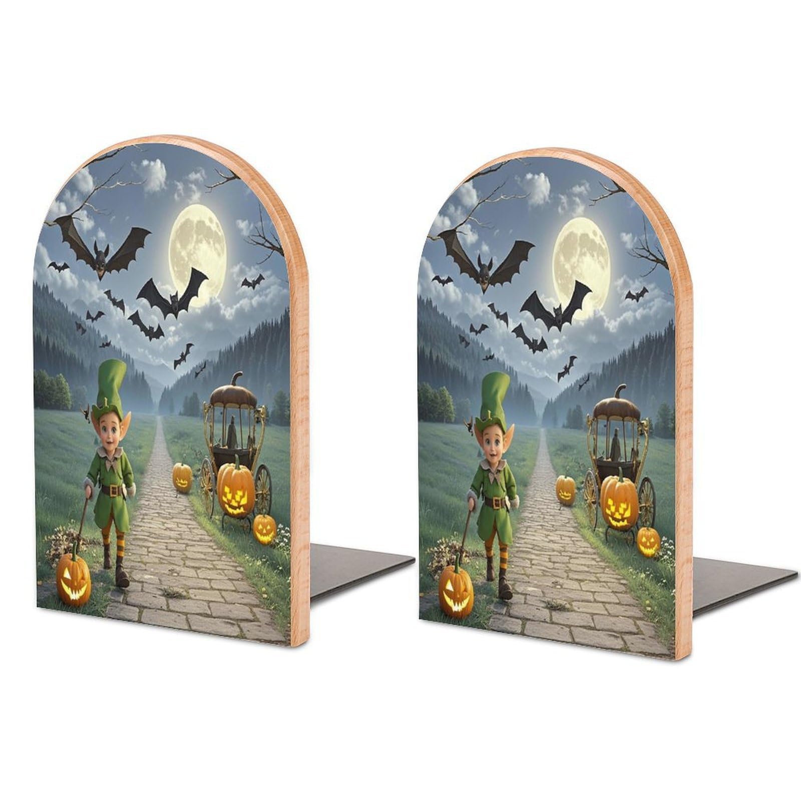 Moonlight Bat Night Bookend for Shelves Unique Book End Sturdy Books Holder Heavy Duty Wooden Bookends Support Non-Slip Book Organizers Decorative Modern Bookend Holder for Home