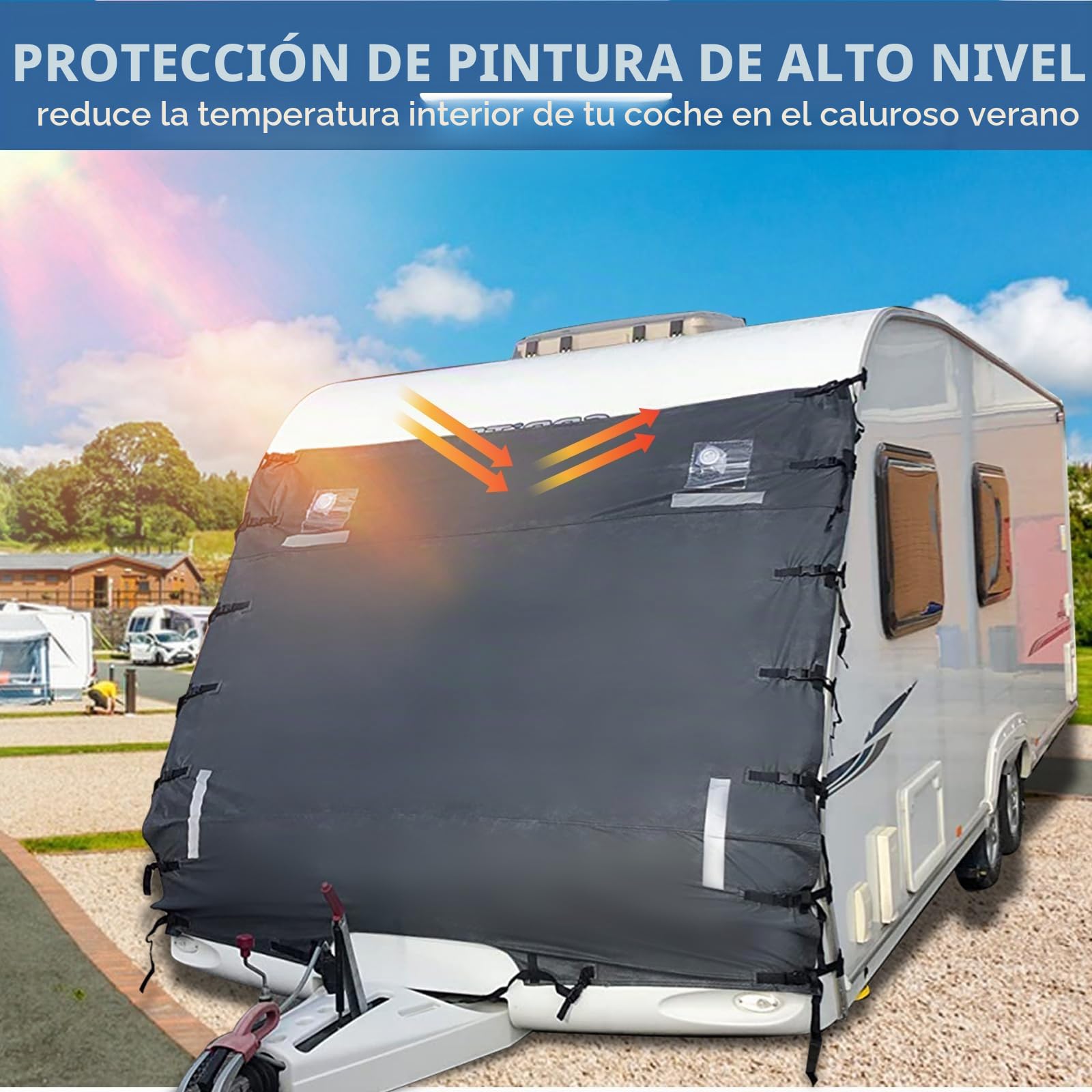 Cubierta universal delantera para remolque de caravana de 2,4 m con luces LED y tiras reflectantes - Protector impermeable parasol para sol/calor/escarcha/hielo/nieve