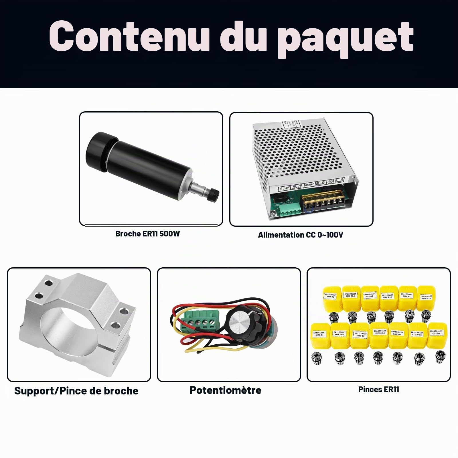 YOFULY Broche CNC 500 W avec refroidissement à air, régulateur de vitesse MACH3 avec bloc d'alimentation AC110 V-220 V + support de broche 52 mm + pinces de serrage ER11 pour routeur CNC