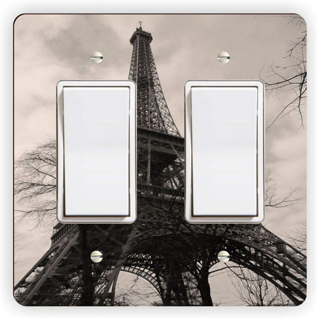 Eiffel Tower Vintage Design Greyscale -Light Switch Plate Cover - Double GFI Double Rocker - Two Gang Switch Plate Cover Switch Plate Cover