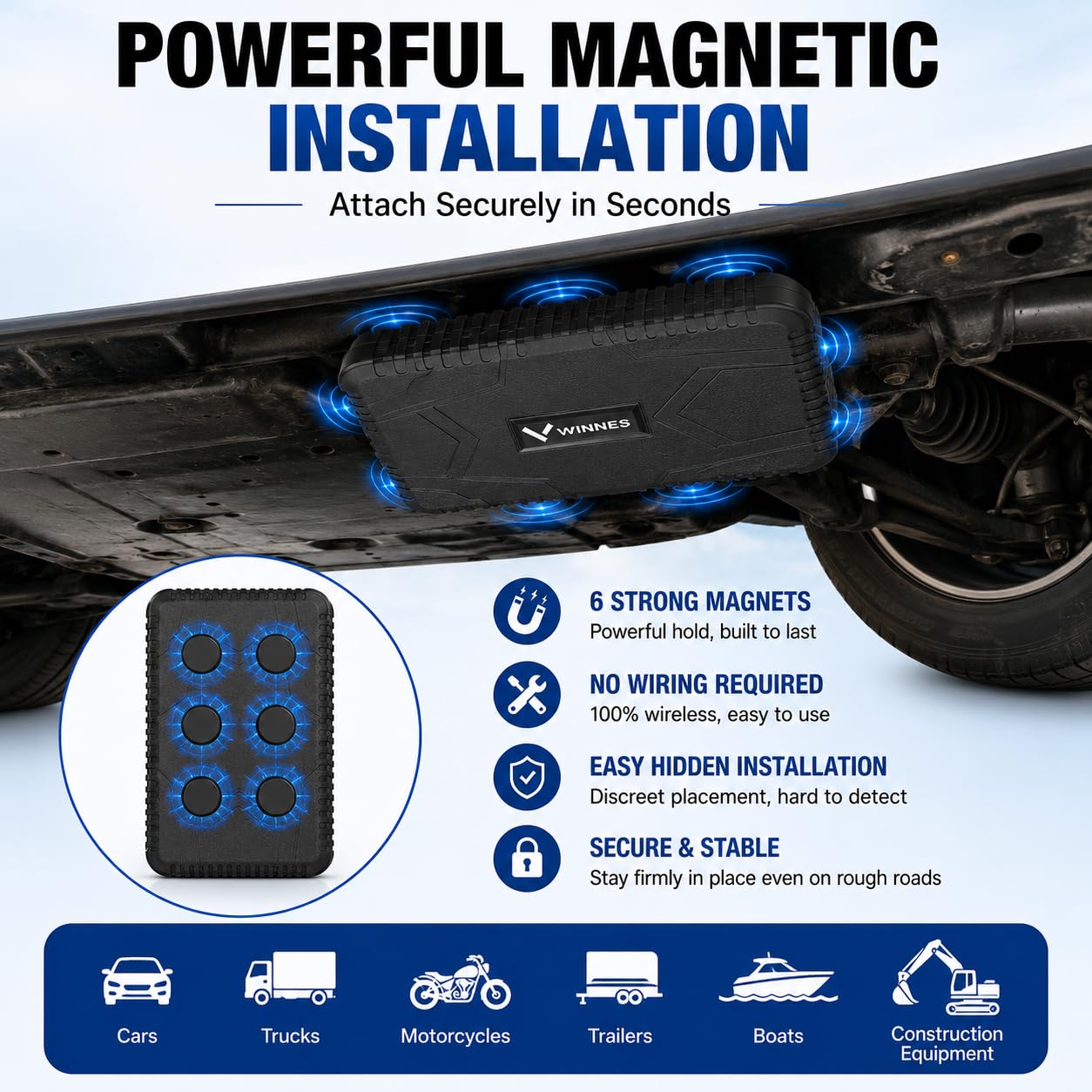 Winnes Localizador GPS para Coche,4G 915 Localizador GPS, 7800mAh Resistente al Agua IP58 con Plataforma App/PC Gratuita, localizador de Seguimiento en Tiempo Real Anti-perdida de Motocicleta.