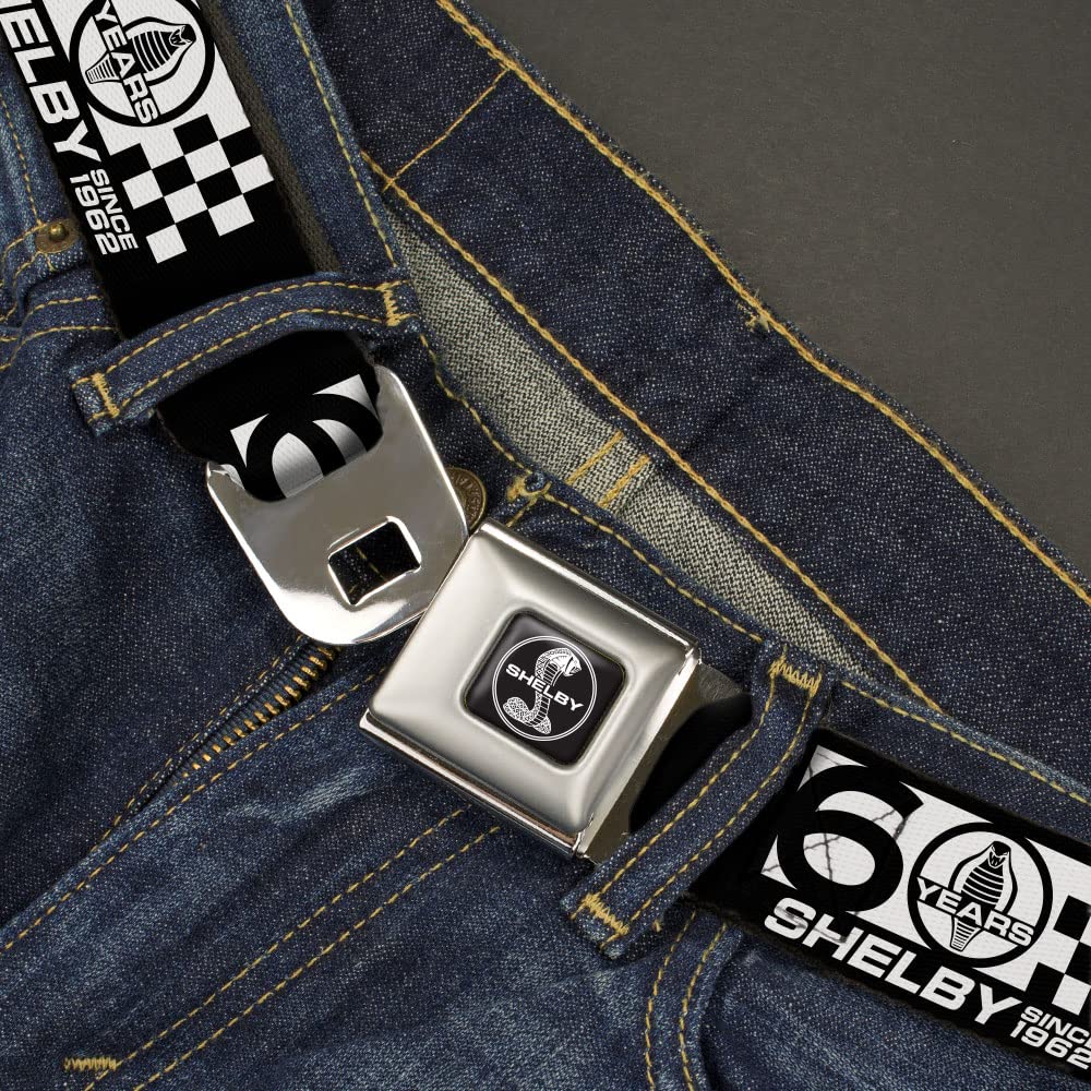 Carroll Shelby Belt, Seatbelt Buckle Belt, Shelby 60 Years Since 1962 Checker Black White, 24 to 38 Inches