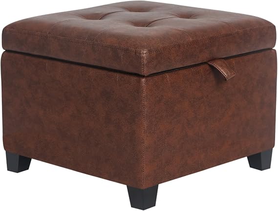 Adeco Faux Leather Storage Ottoman, 17.5 Square Cube Foot Stool with Hinged Lid & Wood Legs, Upholstered Button Tufted Footrest for Living Room, Bedroom Entryway, Reddish Brown