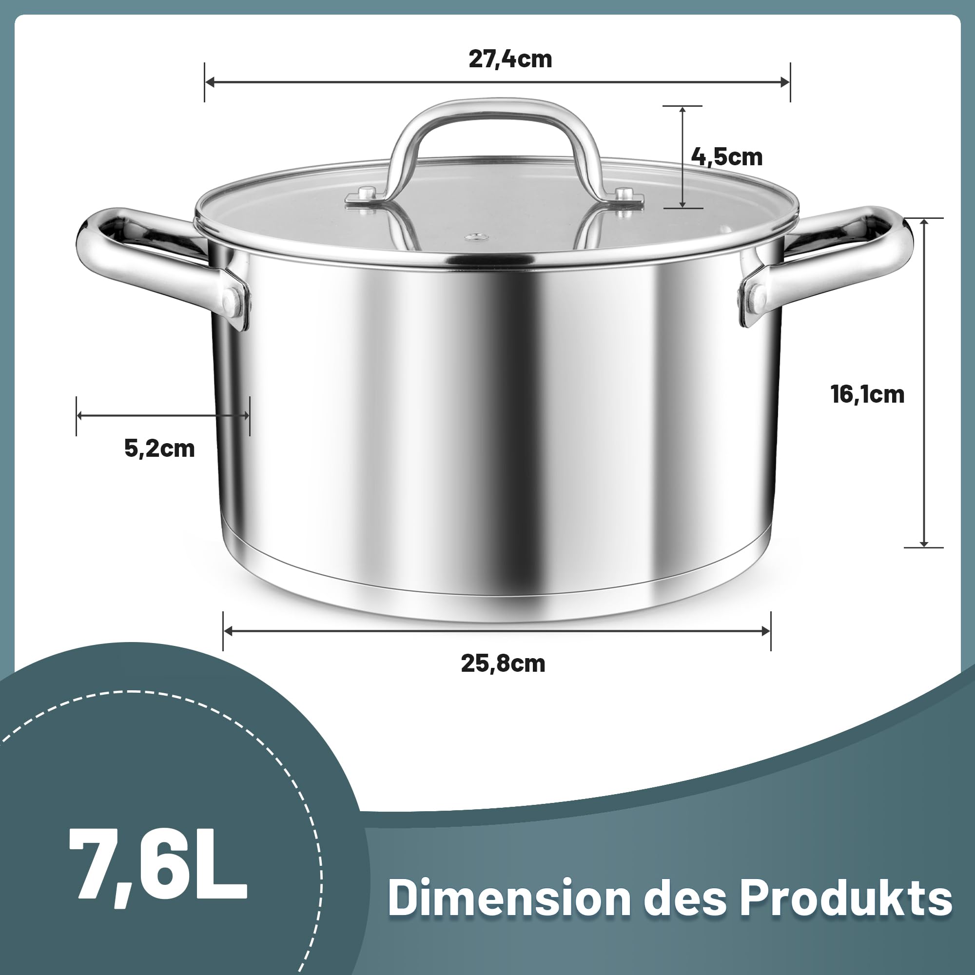 TEAMFAR Kochtopf Groß, 7,6 Liter Edeastahl Topf Suppentopf Induktion, Glasdeckel, 3-Lagen Boden für alle Herdarten, 26cm Nudeltopf Fleischtopf zum Kochen, Unbeschichtet & Ungiftig, Spülmaschinenfest