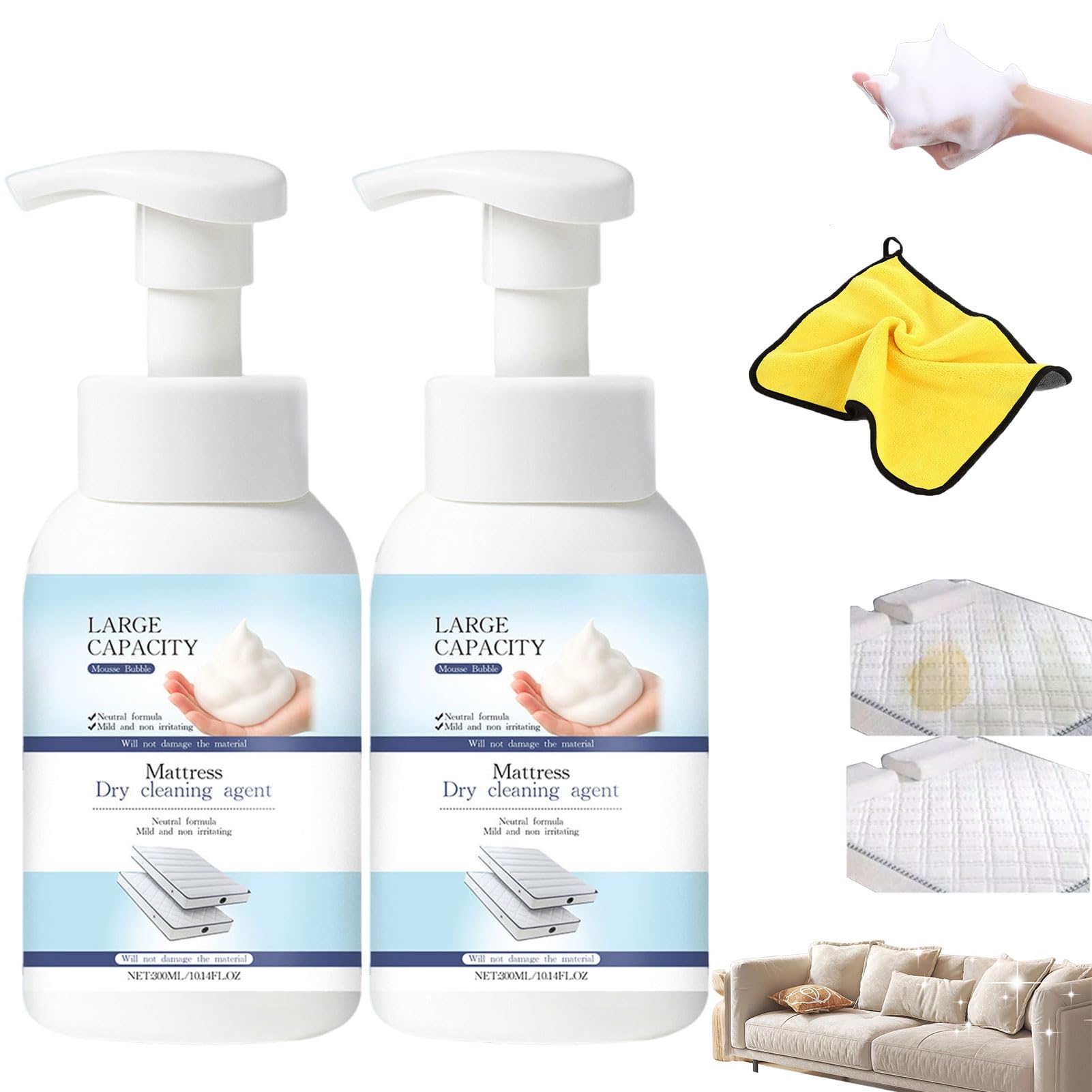 Trockenreiniger Für Matratzen, 300 Ml (10,14 Fl Oz) Matratzen-Fleckenentferner, Trockenreinigungsschaum (ohne Ausspülen) Für Couch, Teppich & Polsterstoffe (2Pcs)