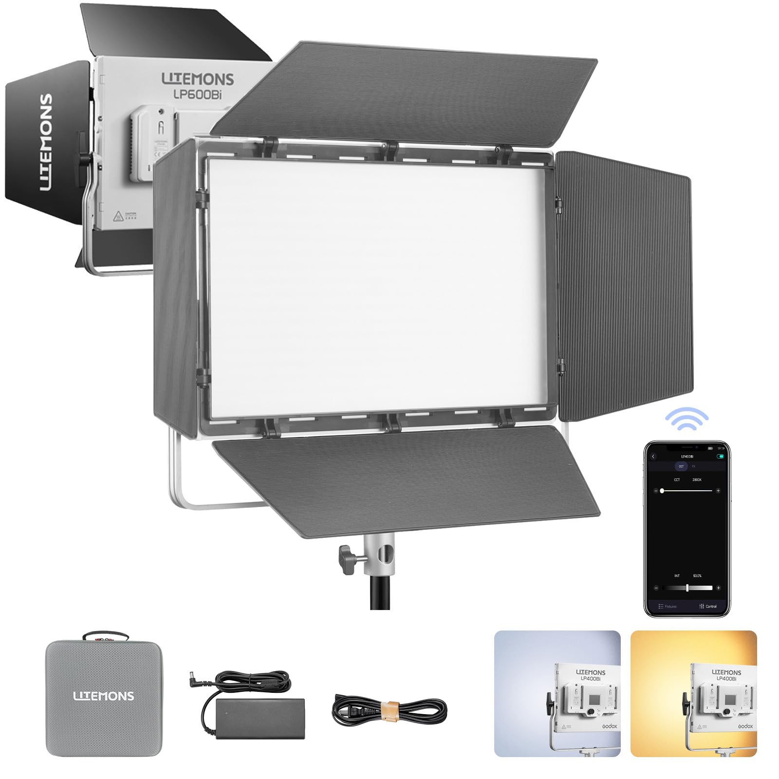 GODOX LITEMONS LP600Bi LED Video Light, CCT Bicolore Temperatura 2800K-6500K 60W Luce Pannello con 11 Effetti di Luce, L'illuminazione in Uscita Continua Supporta il Controllo APP
