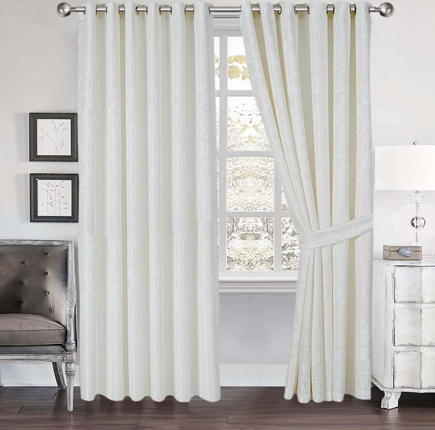 PRIME LINENS Cleo Curtains For Living Room Ring Top/Eyelet Paisley Jacquard Curtains & Drapes Fully Lined Modern Panels for Bedroom 2 Free Tie Backs (White, W 90'' x L 108'')