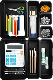 8 Piezas Organizador Cajones Escritorio, Organizador Cajones Baño, 3 Tamaños, Cajas Bandejas de Plástico Apilables Almacenamiento para Cajones, Oficina, Cocina, Maquillaje (Gris)
