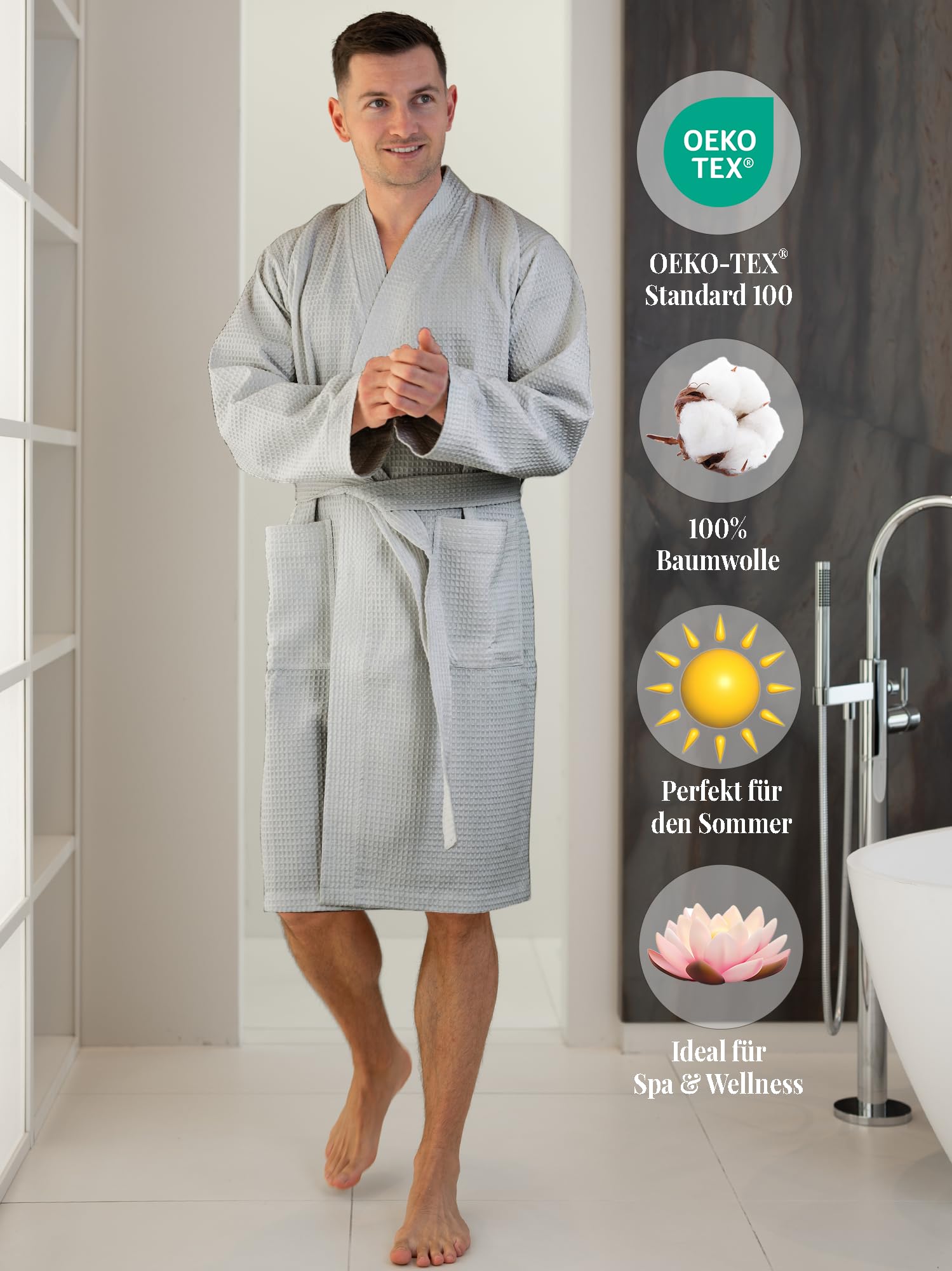 Herren Bademantel Waffelpique 100% Baumwolle mit Schalkragen Leicht Morgenmantel M bis XXL – Leichter Herren Bademantel, Bequem, Weich, Waschbar, Hohe Qualität, Ideal für den Frühling