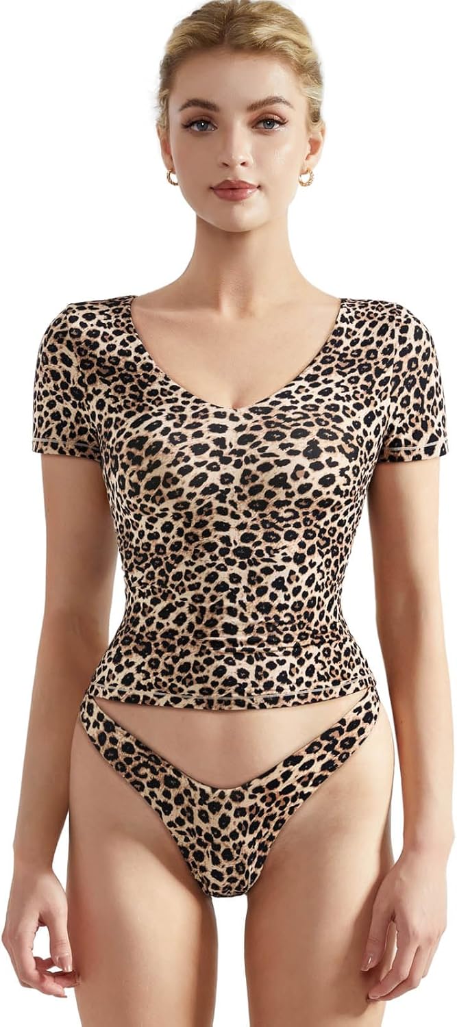 SUUKSESS Women Double Lined Fitted Basic Tee Sexy V Neck Short Sleeve Y2K Crop Top