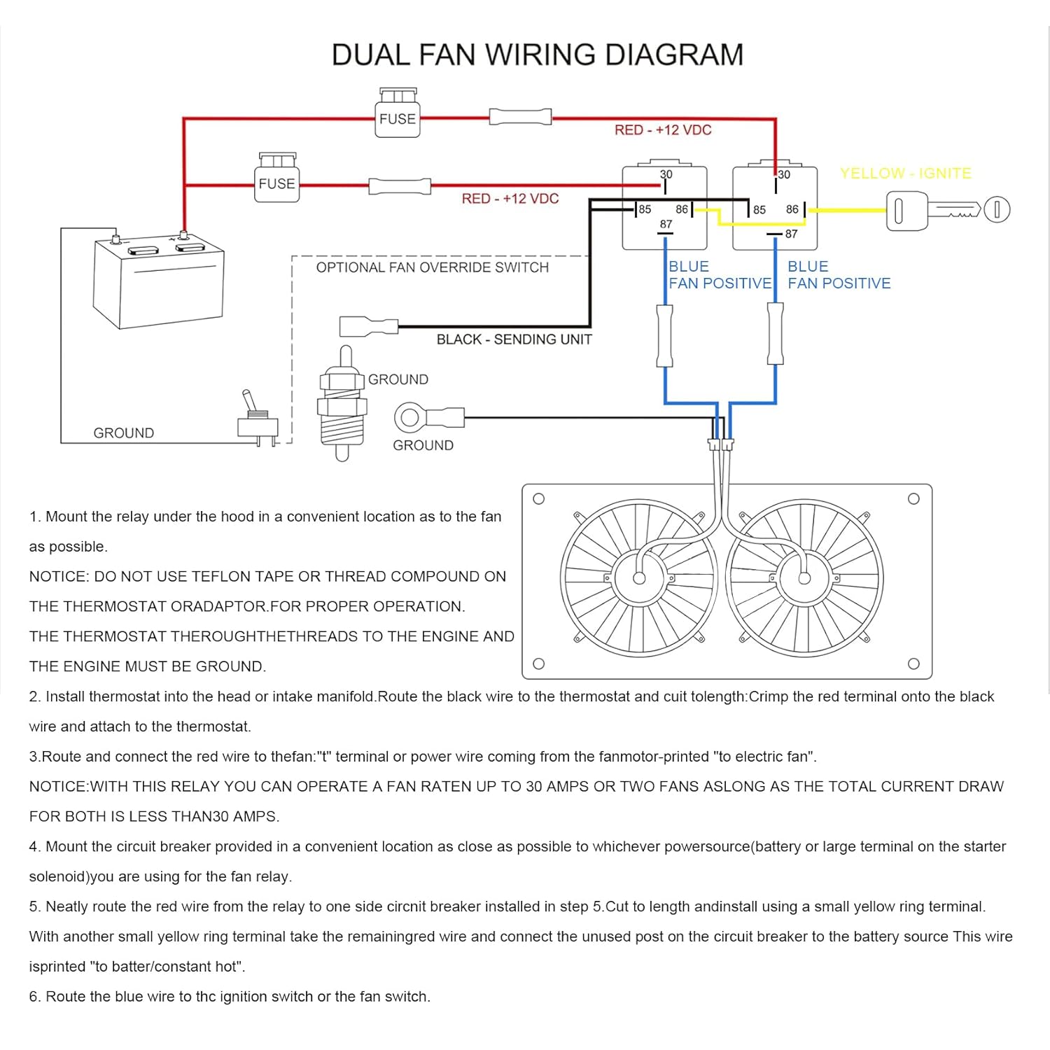2 Pack Electric Fan Relay Kit, 12V 40A, Fan Sensor Switch Electric Cooling Fan Thermostat Kit, with Thermostat Switch 185°F ON 175°F Off (2)