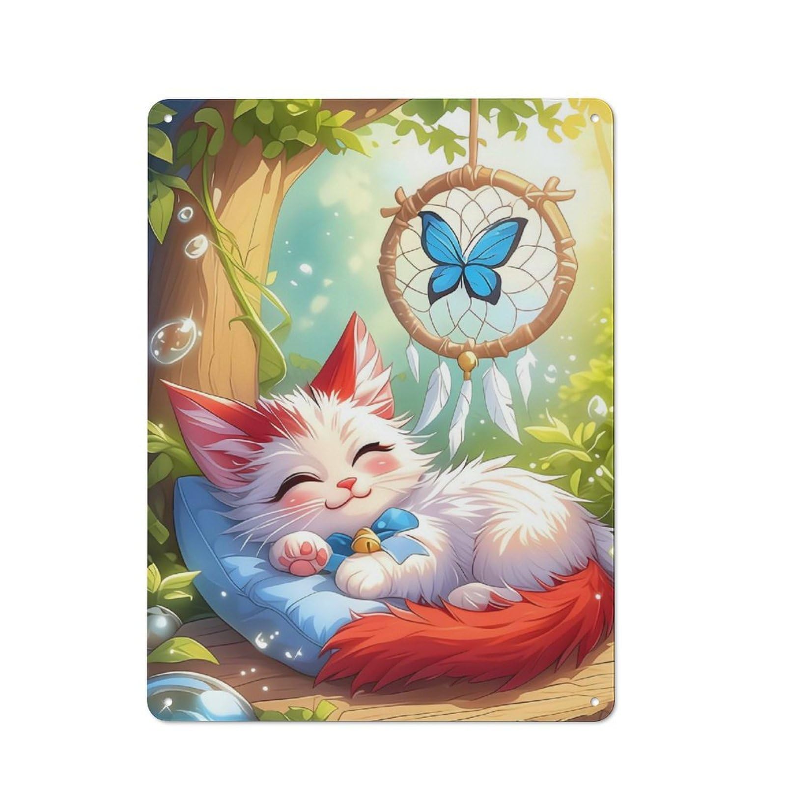 Junmoney Sleeping Kitten With Dreamcatcher Printed Metal Sign 40X30cm For Café Or Restaurant, New-Space Wall Decor For Café Owners And Decorators