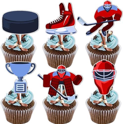 18 piezas de hockey sobre hielo con purpurina roja, símbolo de cumpleaños, decoración temática de competencia deportiva, suministros de decoración