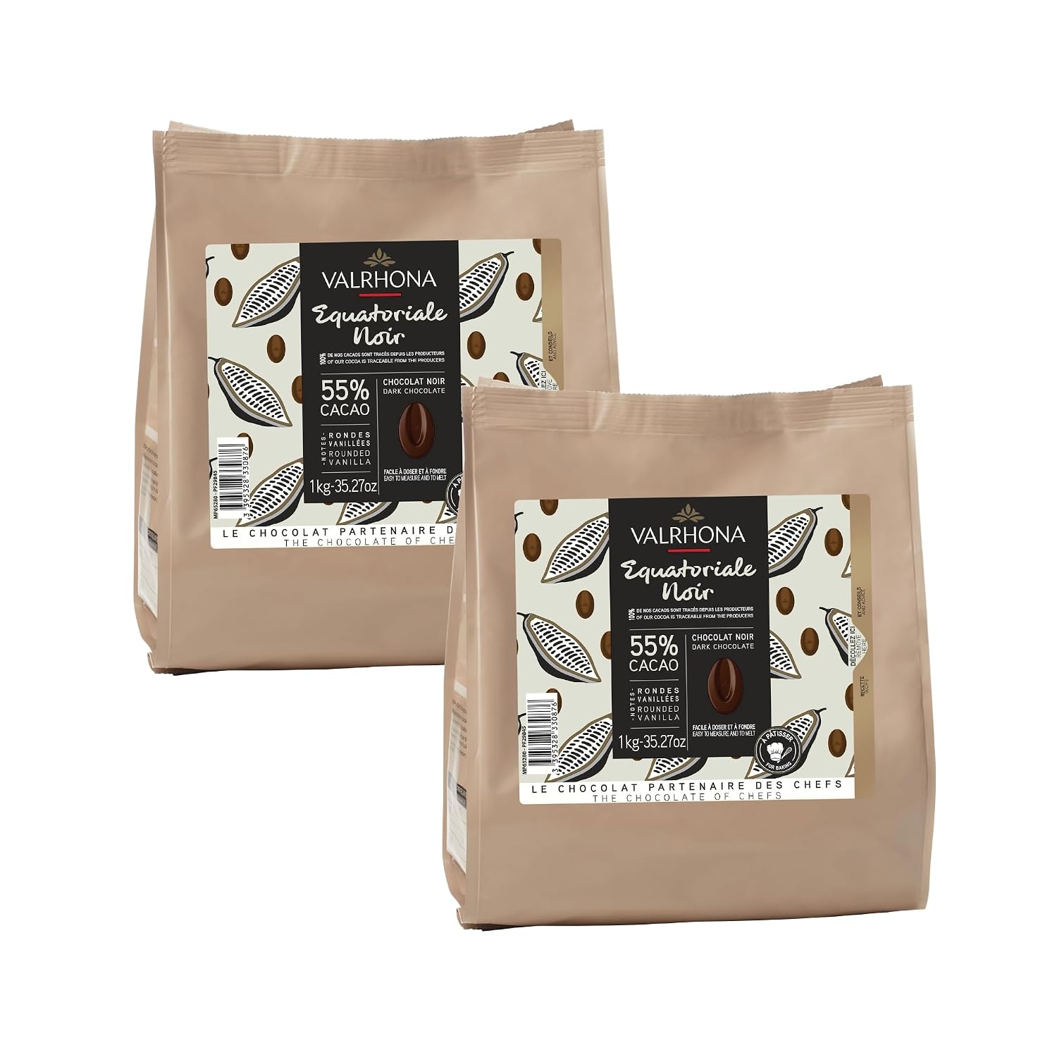 Valrhona Premium French Baking Dark Chocolate Discs (Feves). EQUATORIALE 55% Cacao. Easy Melt & Tempering. Creamy and Balanced. Great for Sauces, Cakes, Mousses, Frostings, and Candies 1kg (Pack of 2)