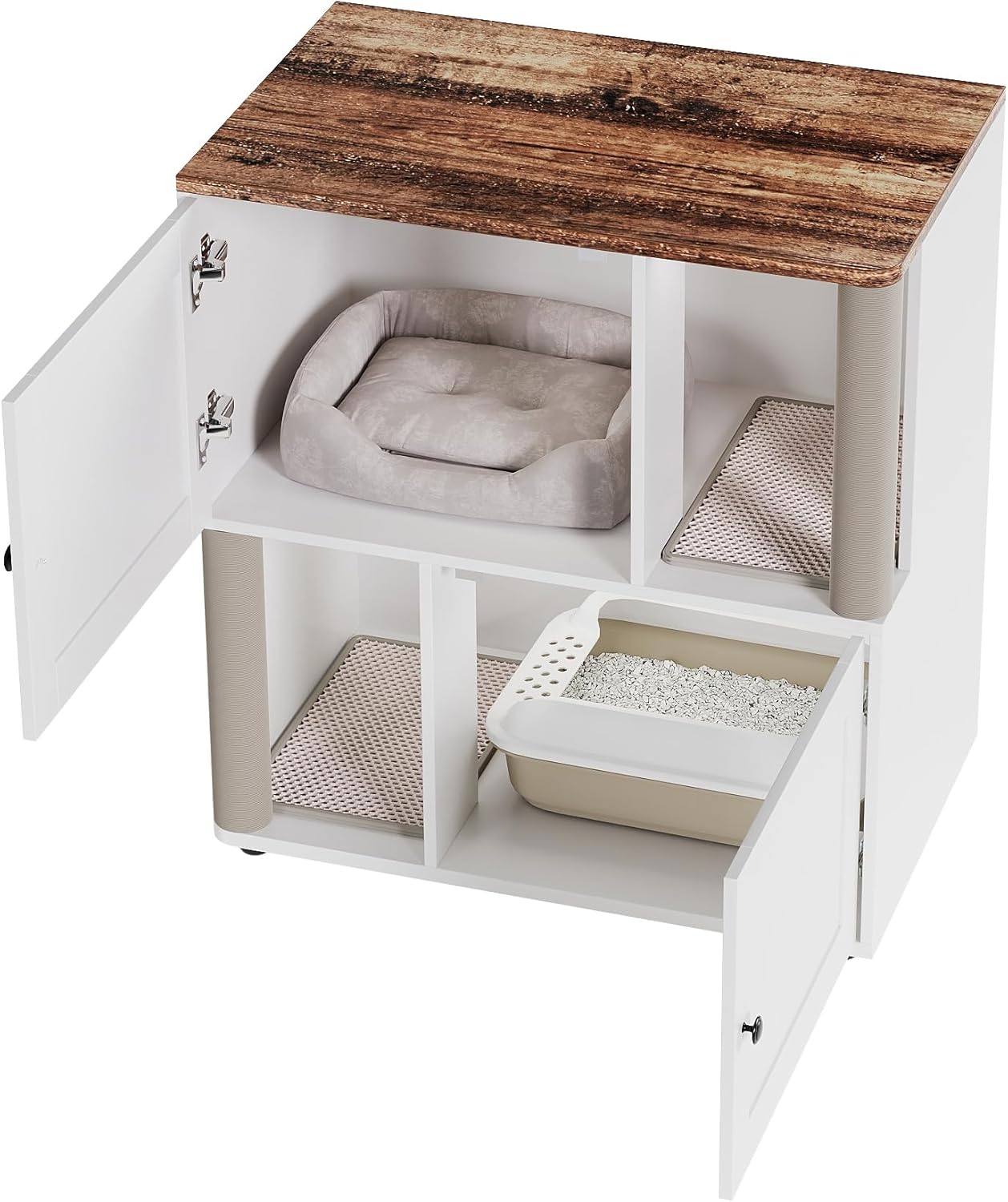 Garvee Cat Litter Box Enclosure for 2 Cats, Double Hidden Litter Box Furniture Cabinet with 2 Scratch Mat and Scratch Post, Modern Farmhouse Wooden Enclosed Cat Washroom, End Side Table
