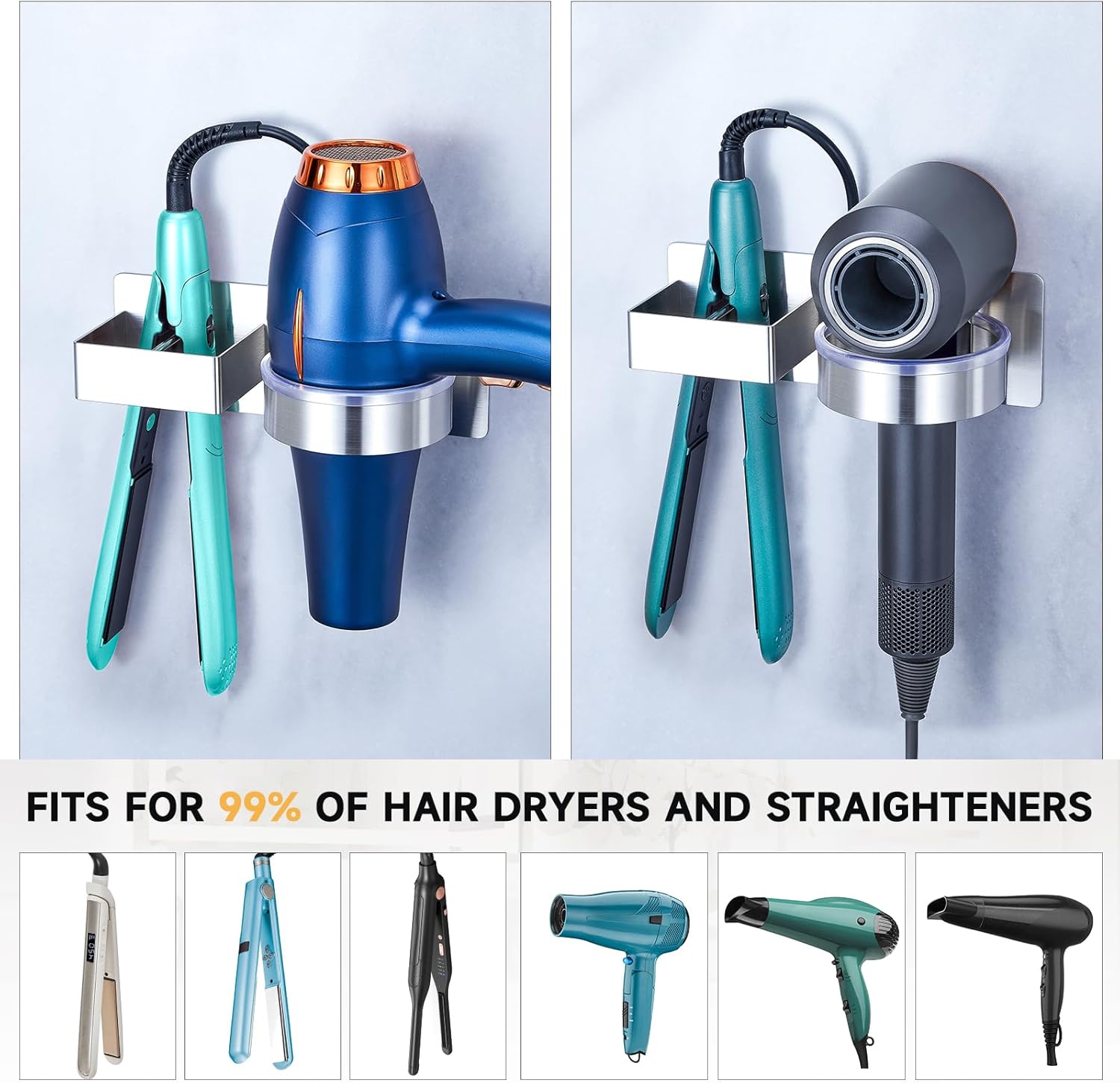 Hair Dryer Holder Wall Mounted, Hair Straightener Holder, Blow Dryer Holder Adhesive, Hair Tool Organizer for Flat Iron, Hairdryer, Curling Iron Holder for Bathroom Vanity Barber Shop (Silver)