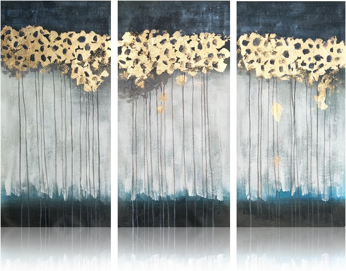 KGTECH Handmade Gold Foil Painting Home Decor Modern Wall Arts Abstract Acrylic Paintings Canvas Art No Frame 12 by 28H inch 3 pieces