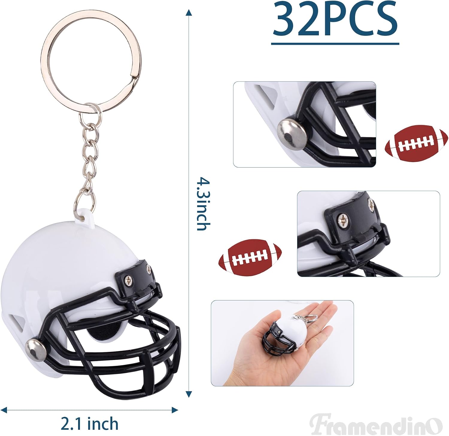 Framendino, 32 Pack Football Keychain Blanks Rugby Hockey Helmet Keychains for Painting DIY Crafts White