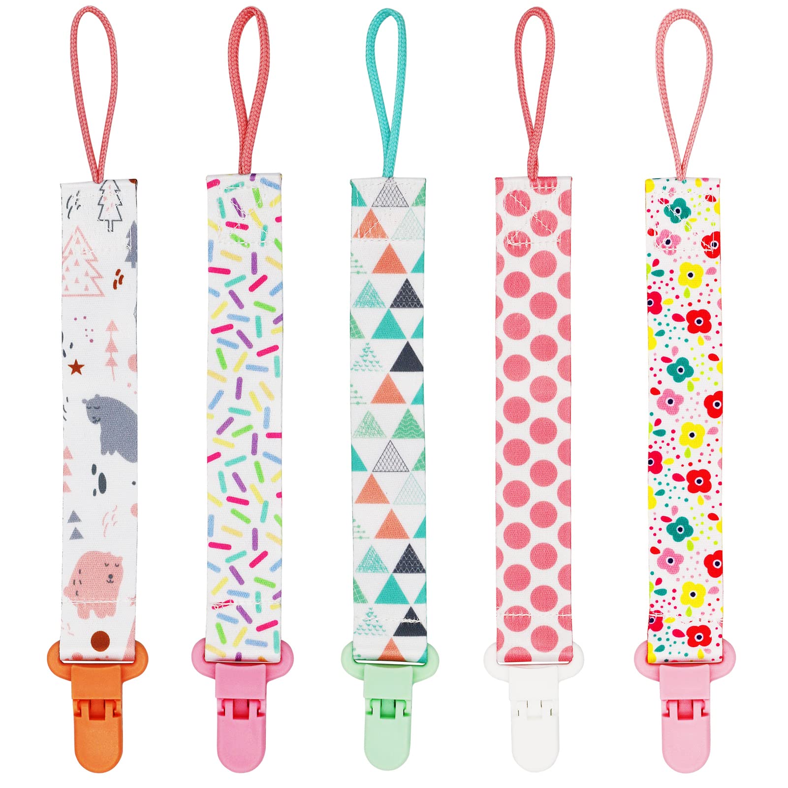 FenFang Schnullerband Baby, 5er Schnullerketten mit Clips Nuckelketten Junge Mädchen für Schnur Lätzchen Dreieckstuch Schnuller (Rosa)