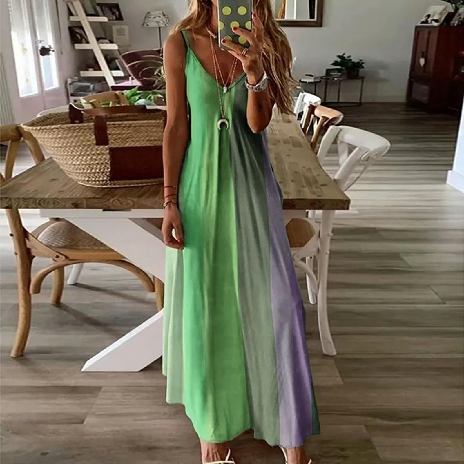 Vestido de Talla Grande para Mujer, Vestido Largo Informal de Verano con Estampado Degradado, Vestido Largo Elegante con Cuello en V y Tirantes sin Mangas, Vestido de Playa Maxi