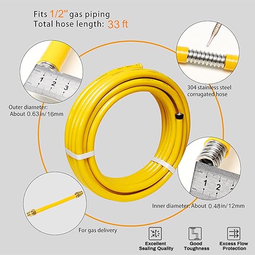 Miniatura 6 de Kinchoix Línea de gas flexible CSST de 35 pies y 12 pulgadas, tubería de 12 con 2 accesorios machos, tubo de acero inoxidable corrugado para gas