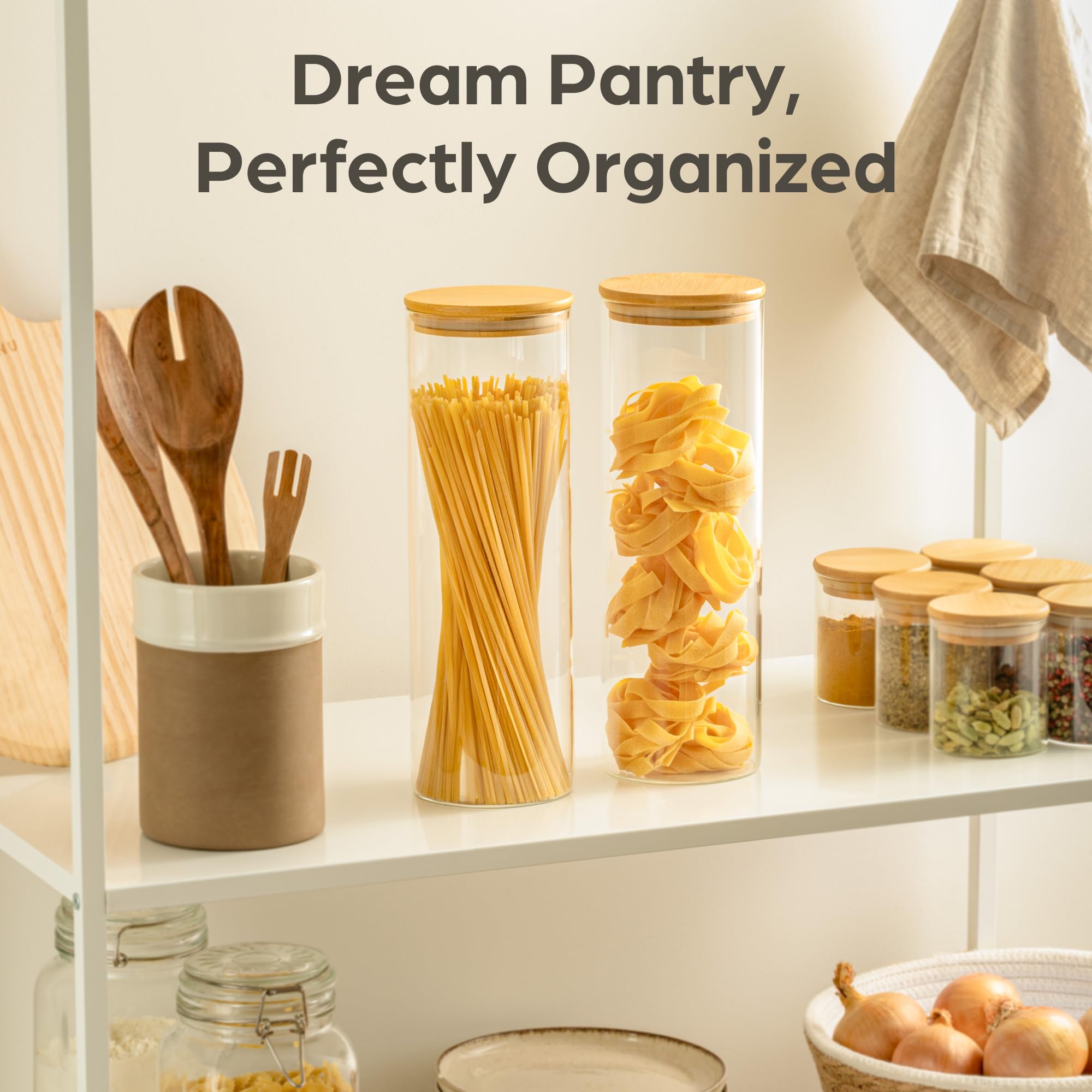 Praknu Glass Jars with Bamboo Lids - Set of 2 Tall 2000ml Round Pasta Jars - Airtight Spaghetti Jar Storage - Image 4