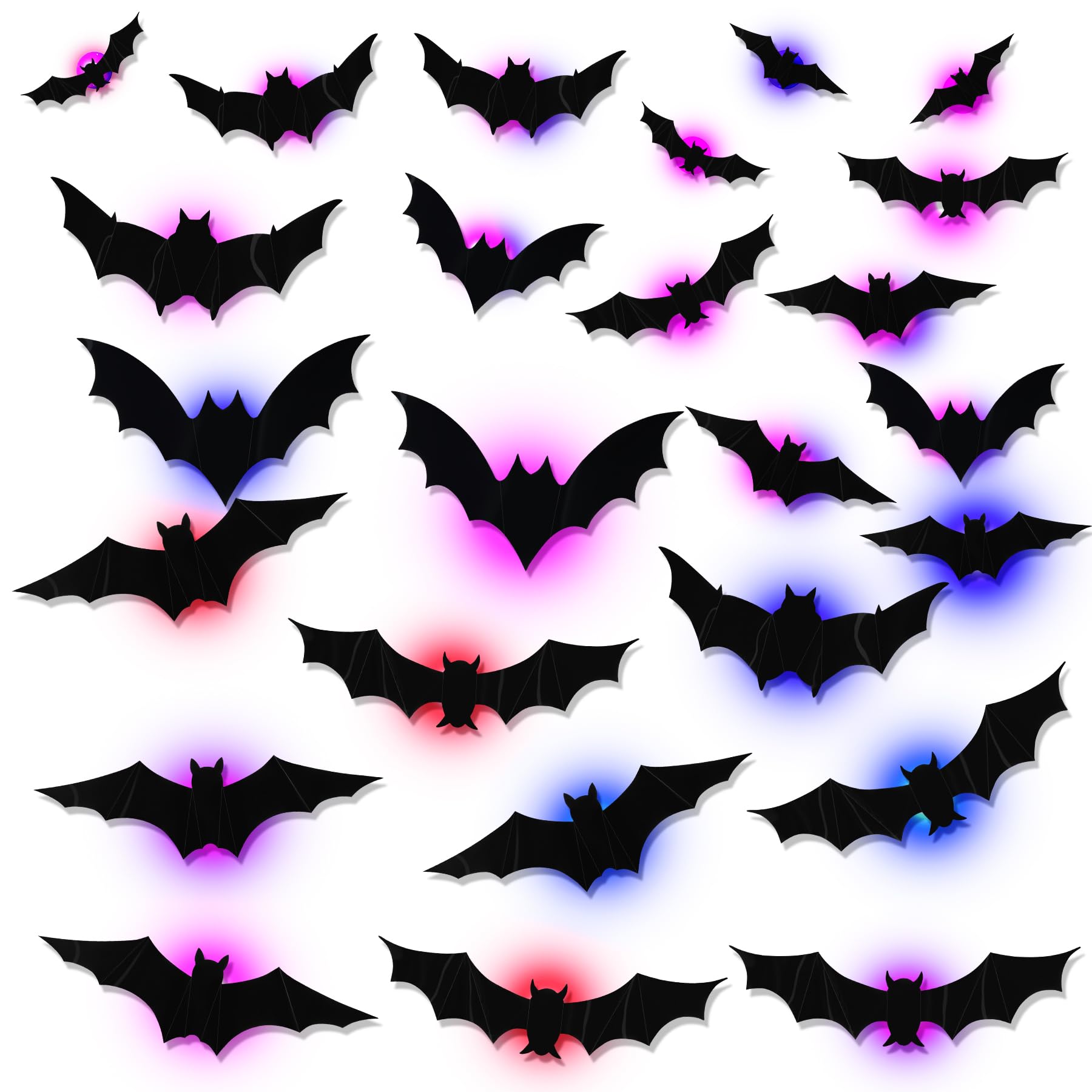 Adesivi da parete con luci LED a forma di pipistrelli di Halloween, si illuminano al buio, decorazione da parete per la casa, decorazioni per interni e feste (24, 5 misure)