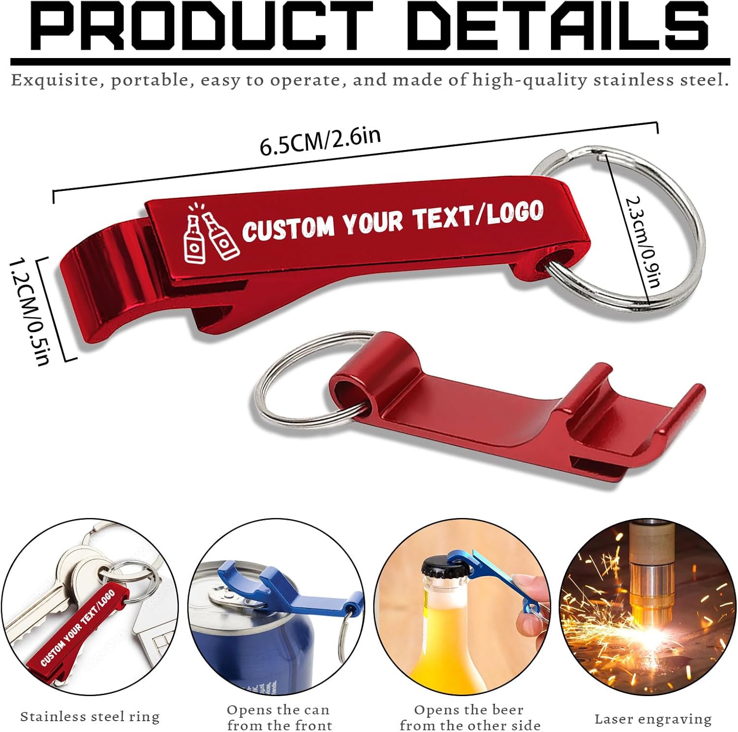 100 Pcs Custom Bottle Openers Keychain, Engravable with Text & Logo, Multi-Functional Can Opener, for Weddings, Bars, Parties, Graduation Gifts, Bulk Personalized Guest Favors (100)