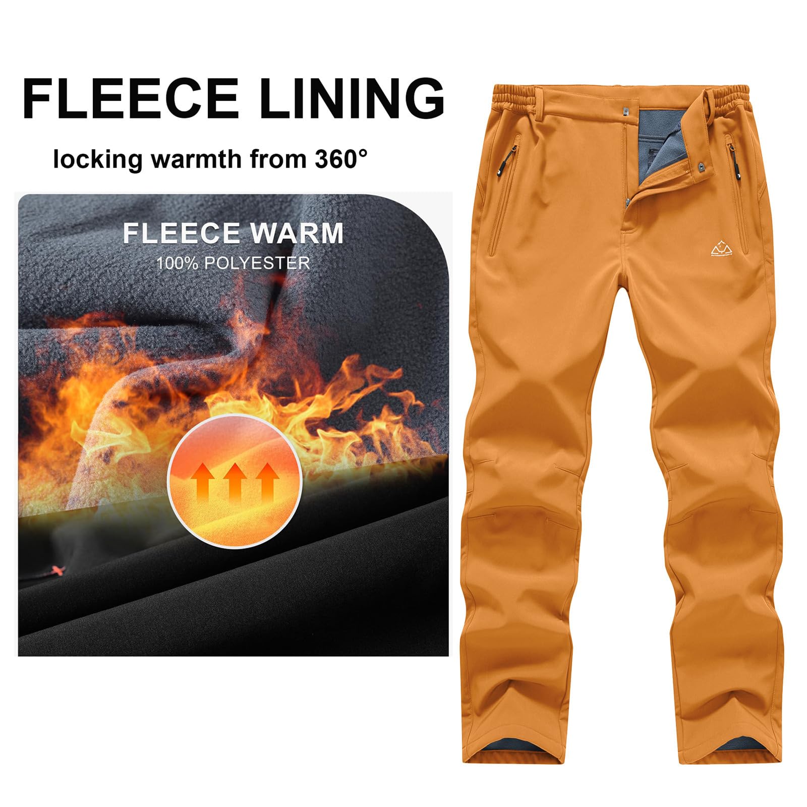 Rdruko Pantalon softshell pour homme - Imperméable - Pantalon de ski - Pantalon de travail - Doublure chaude - Pantalon de randonnée - Pantalon d'extérieur, Orange, 32