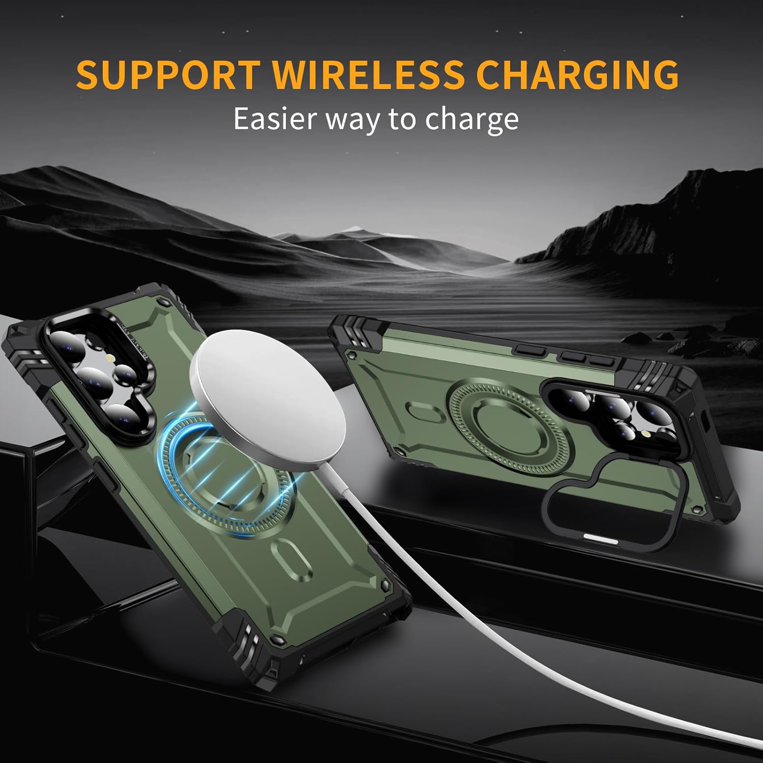 magnetic case for samsung galaxy s24 ultra [built-in camera ring kickstand] [screen protector] [compatible with magsafe] [wireless charging] [military-grade protection] heavy duty rugged case, green s24 ultra green