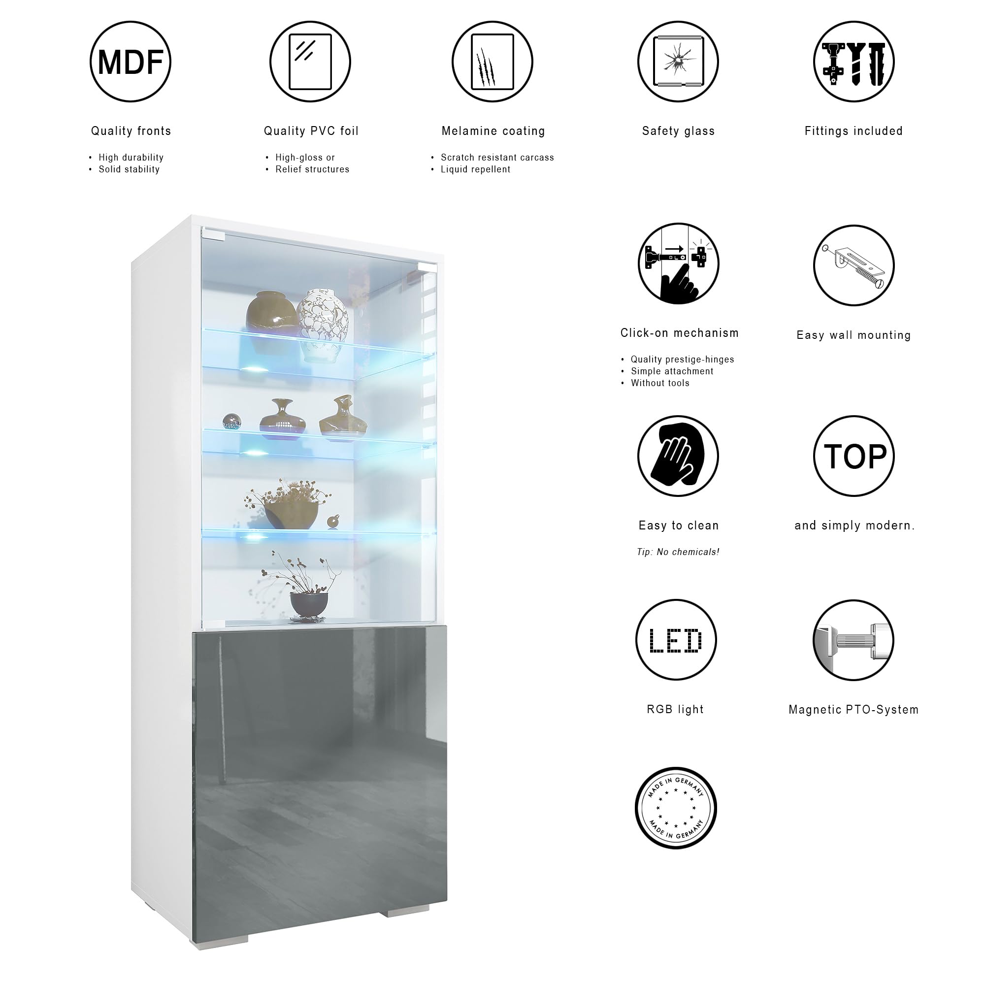 Vitrine Granada Vladon - Armoire Vitrée Avec LED - 50x122,5x34,5cm - Anthracite/Béton - Made In Germany