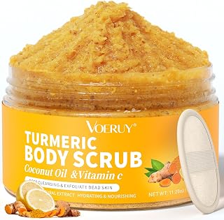 VOERUY Turmeric Exfoliating Body Scrub with Coconut Oil & Vitamin C - Bikini Area, Foot & Body Exfoliator for Smooth Skin, 11.28oz
