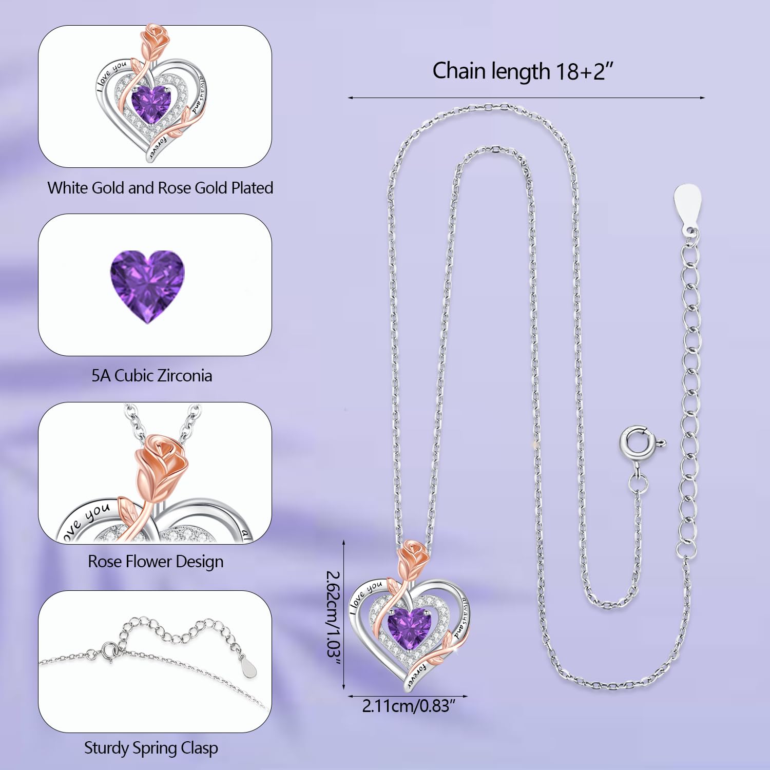 LAVUMO Halskette Damen Silber Doppel Herz Rose Schmuck Geschenke Frauen | Kette Damen Geburtsstein Halsketten Muttertag Geburtstag Valentinstag Weihnachten Hochzeitstag Geschenk für Frauen Freundin