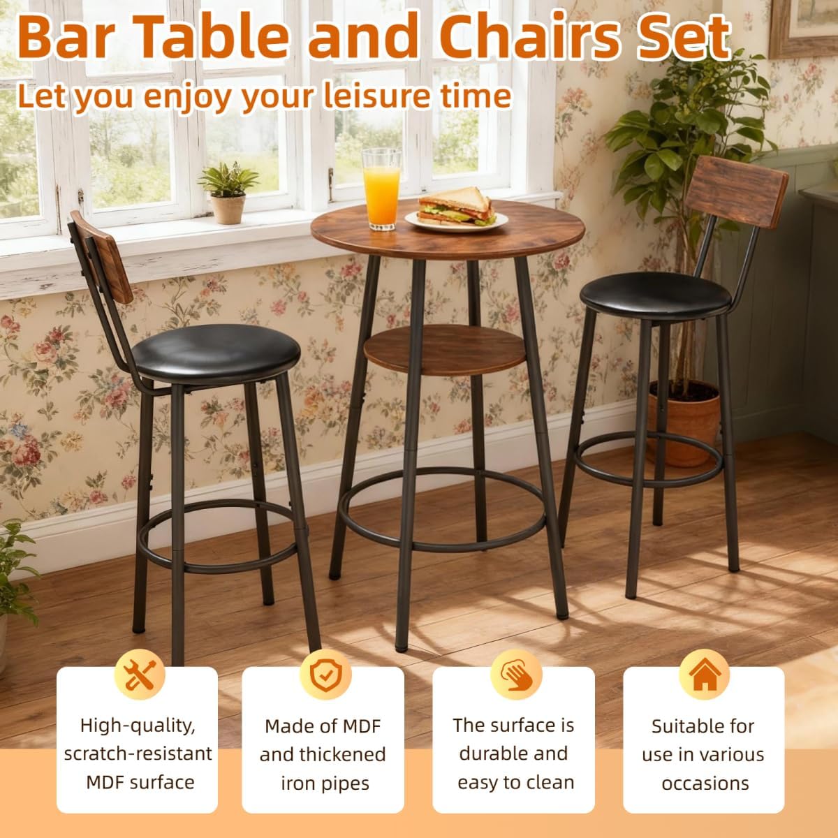 3-Piece Round Bar Table and Chairs Set, Bistro Table and Chairs Set of 2 Rustic Brown, MDF and Iron, 2-Tier Storage, with 2 PU Upholstered Stools for Kitchen, Dining Room, Bar
