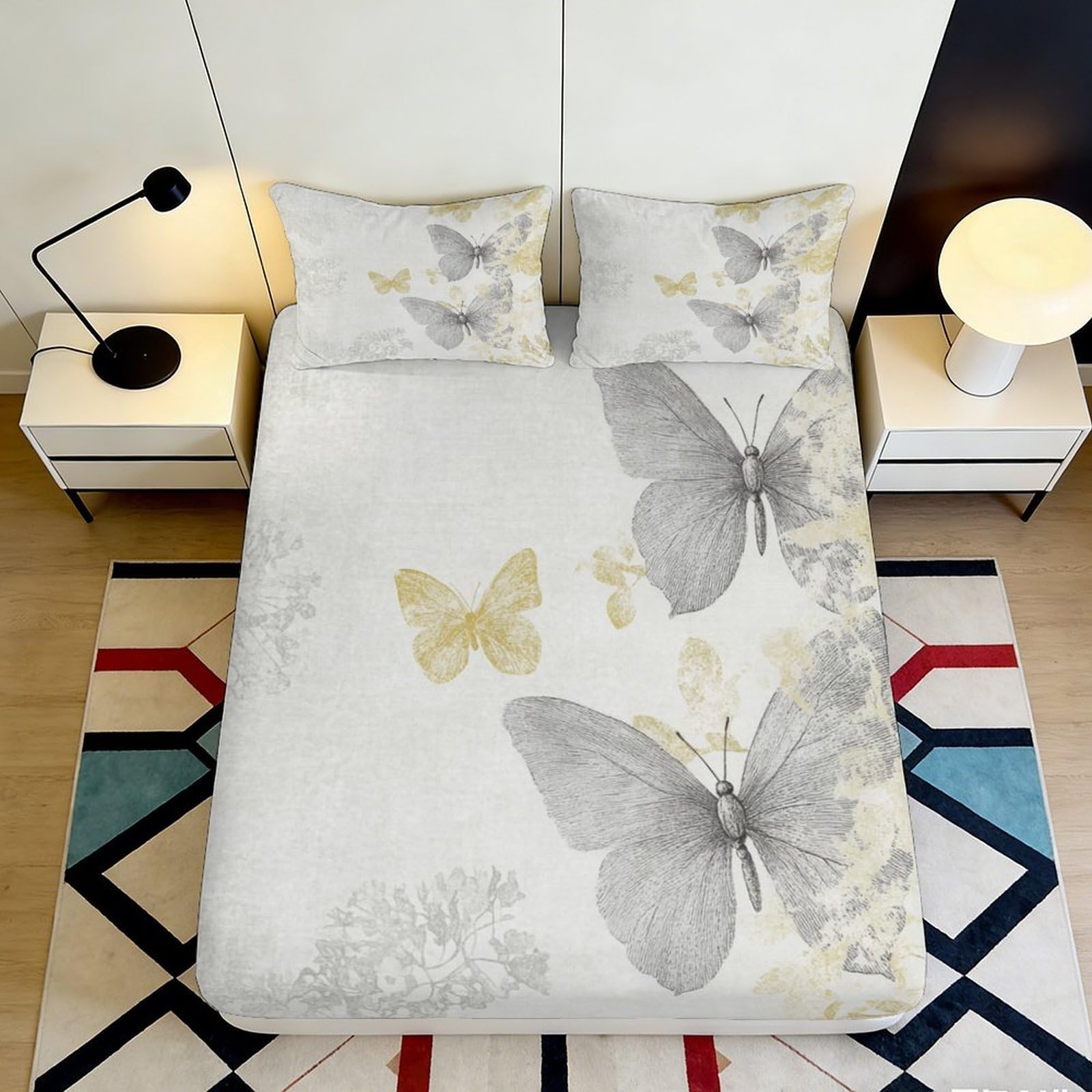 3D Printed Butterfly Art Fitted Sheet Microfiber Anti-Slip Mattress Cover for Bedroom Dorm Decor Easy Care 120x200x25cm