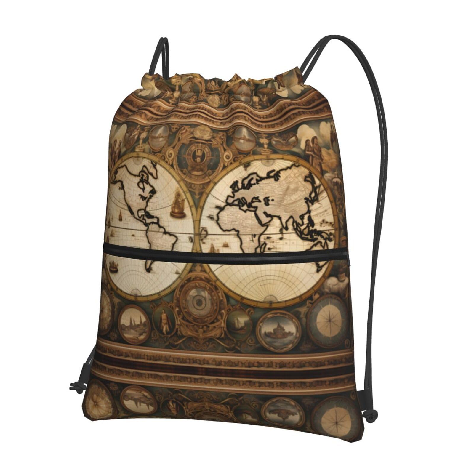 Wzywhj Vintage Old World Map Prints Drawstring Zipper Backpack For Hiking Camping Yoga - Convenient Daily Carry