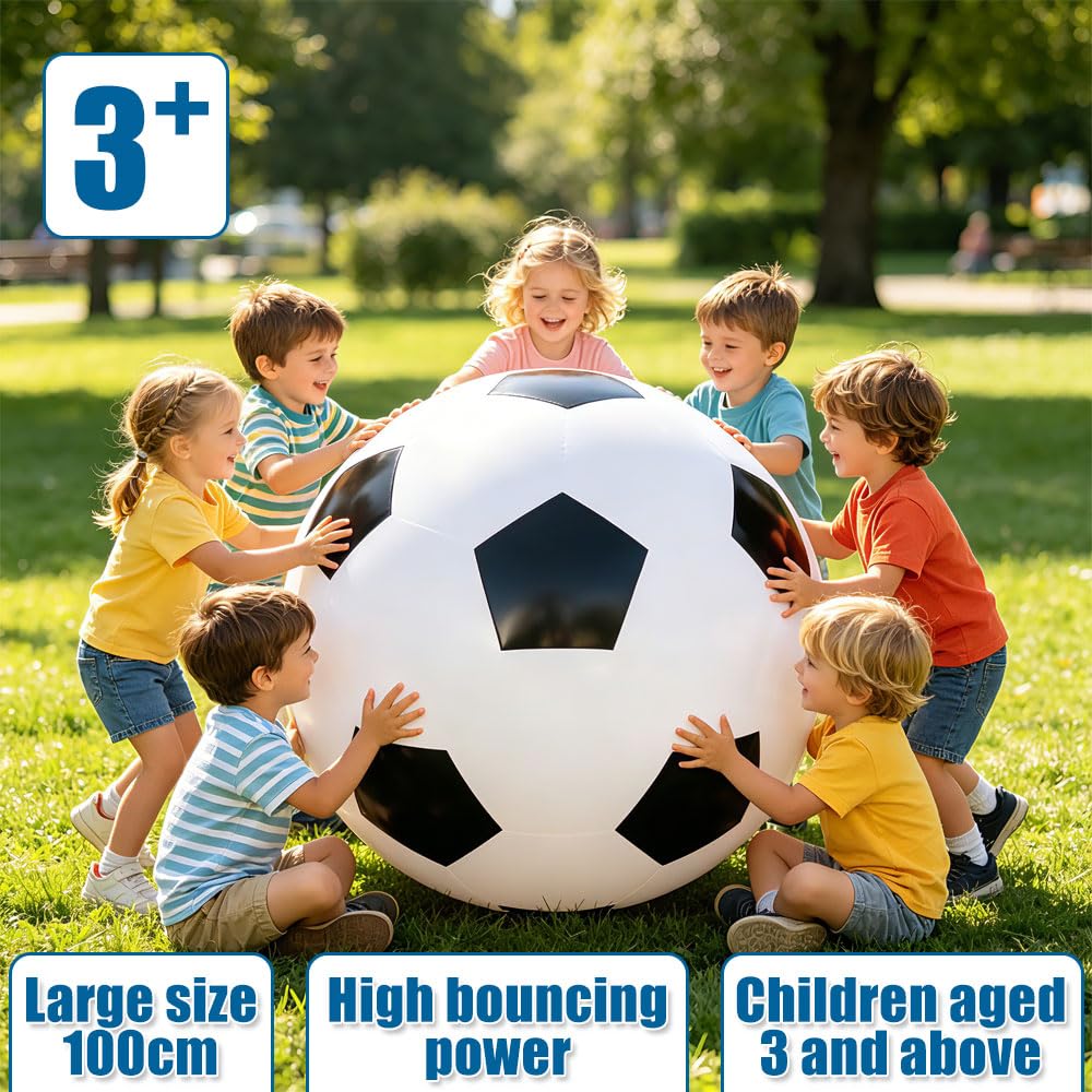 Ballon De Football XXL, 100 Cm De Diamètre, Ballon en Caoutchouc avec Pompe À Air, Ballon Gonflable Coloris Noir Et Blanc, Idéal pour Taper Dedans, Lancer Et Faire Rouler Le Ballon
