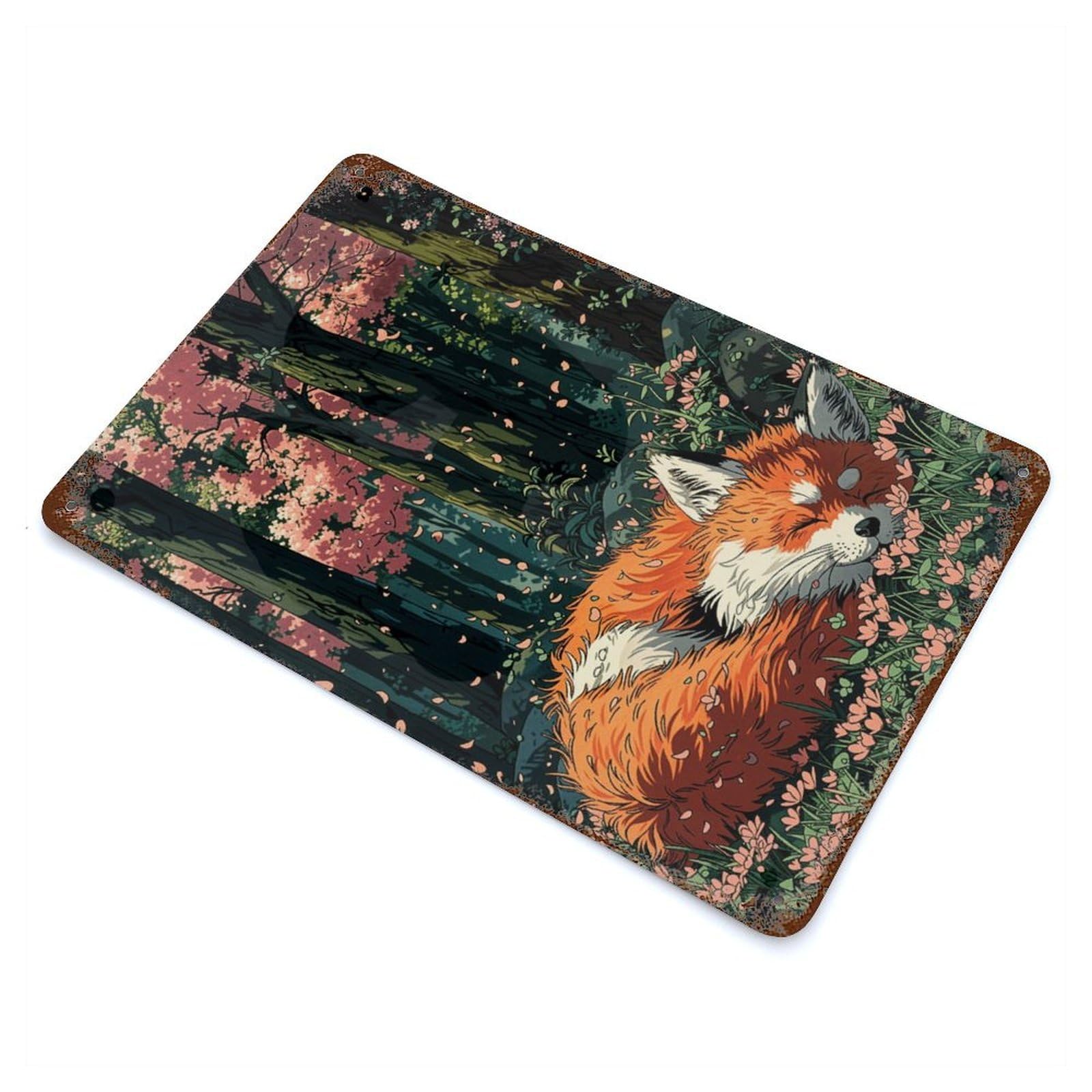 Sleeping Fox in Cherry Blossom Forest Distressed Metal Wall Sign 11.8"x7.9", Rustic Home Decor for Farmhouse, Kitchen And Entryway Decor