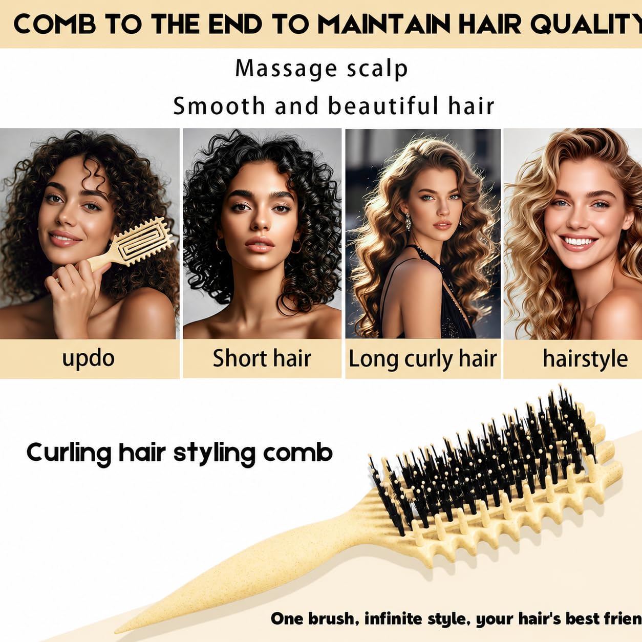 Candybrush - Spazzola per capelli ricci, per districare, modellare e definire i ricci, per donne, uomini, capelli bagnati e asciutti (giallo crema)
