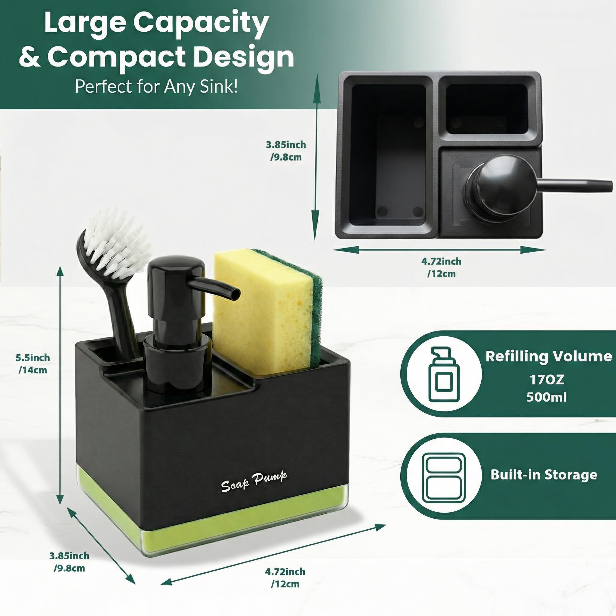 Dispenser di sapone 3 in 1 con porta spugna per il lavello della cucina (nero), erogatore di detersivo da cucina con porta spugna e spazzola, dispenser di sapone compatto 3 in 1 con ripiano, capacità - 2