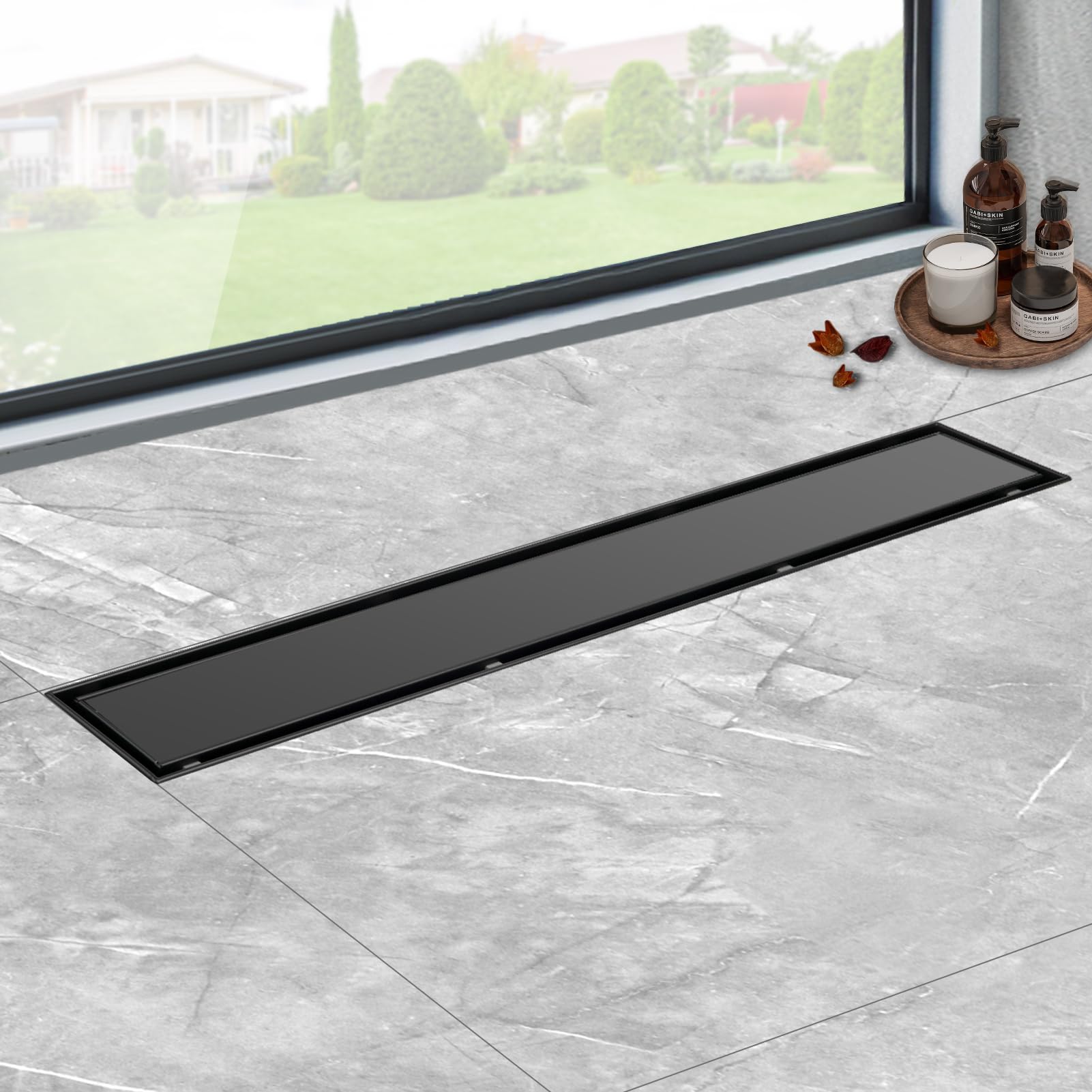 Canaletta Scarico Doccia Nero 40cm 2 in 1 in Acciaio Inox,Scarico Doccia Sifone girevole a 360° con filtro antiodore e filtro per capelli,Canalina Doccia Filo Pavimento