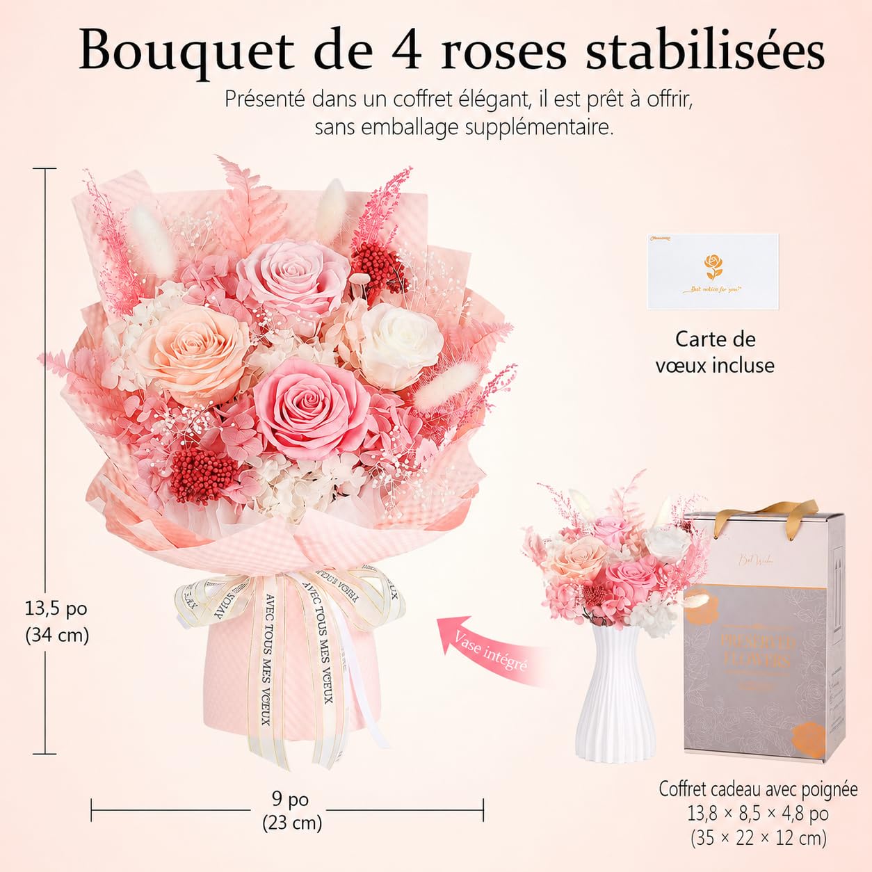 Bouquet de Rose Eternelle Rose avec Vase, Fleur Eternelle Cadeau, Boite Rose Eternelle, Cadeau pour Femme, Maman, Copine, Amie, pour Saint-Valentin, Anniversaire, Fete des Meres