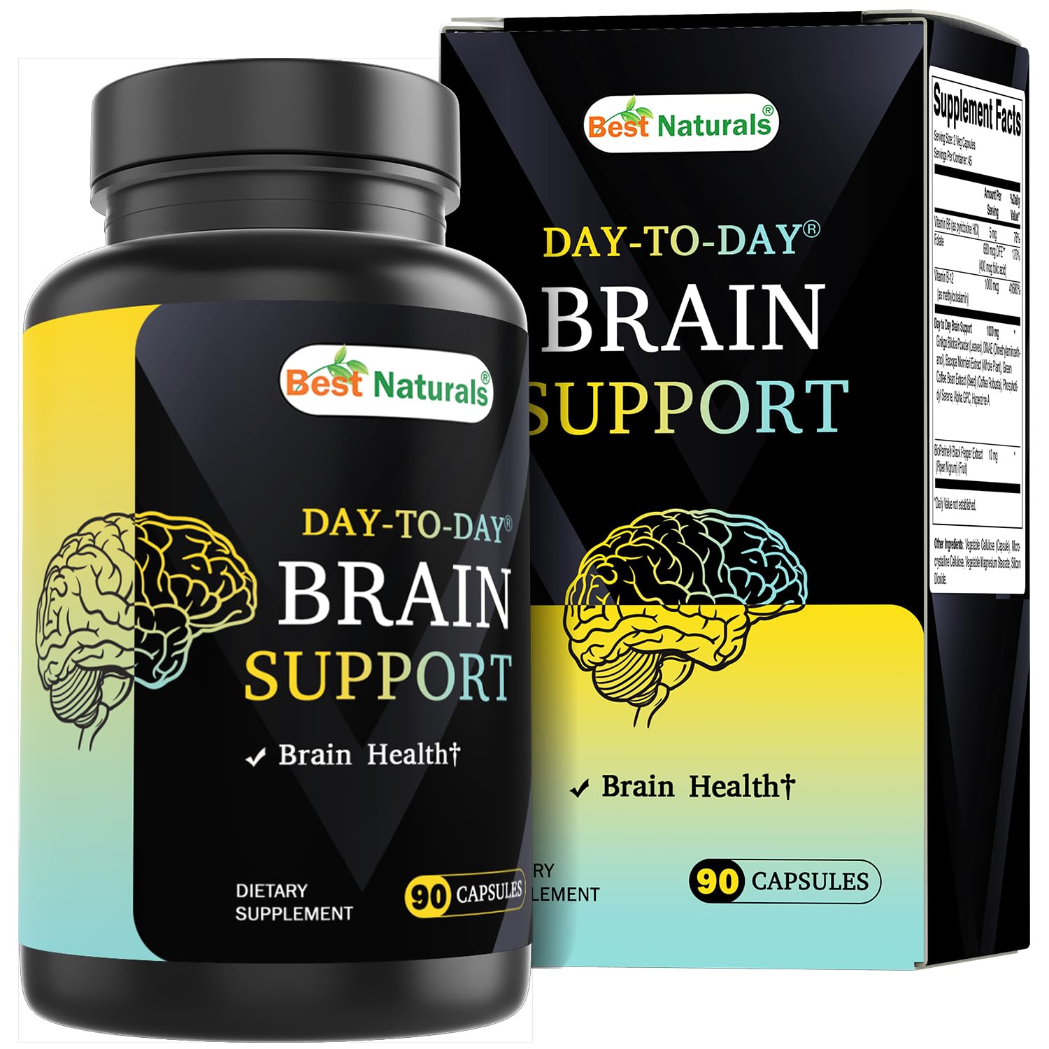 Best Naturals Day-to-Day Brain Support Supplement with Ginkgo Biloba, DMAE, Bacopa, Green Coffee, Phosphotidyl Serene, Alpha GPC, Huperzine A, Folate, B6, & B12 90 Veg Capsules 90 Count (Pack of 1)