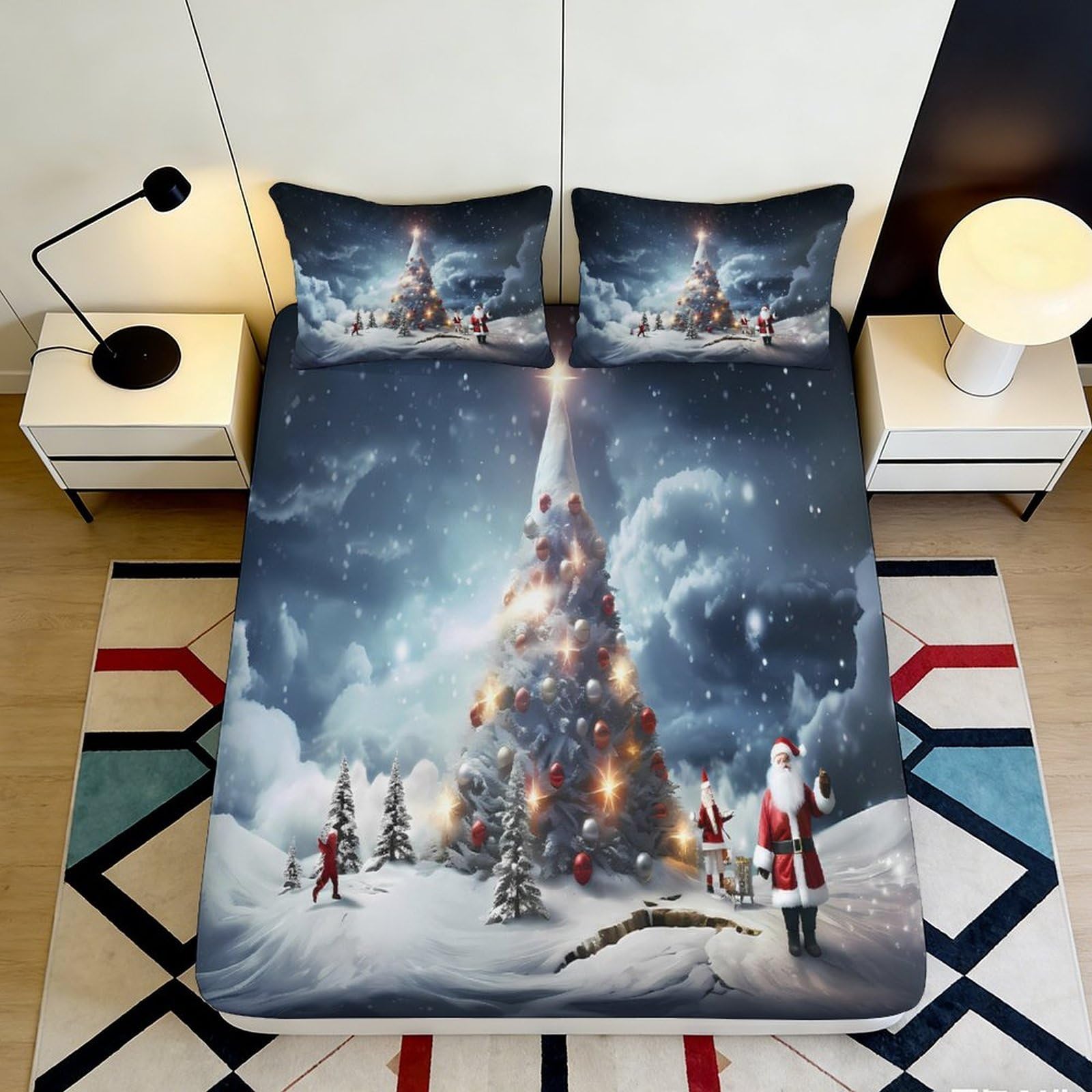 3D Printed Christmas Tree Fitted Sheet Microfiber Soft Breathable Snow Scene Bed Cover for Bedroom Dormitory Guest Room Protection Decoration 120x200x25cm