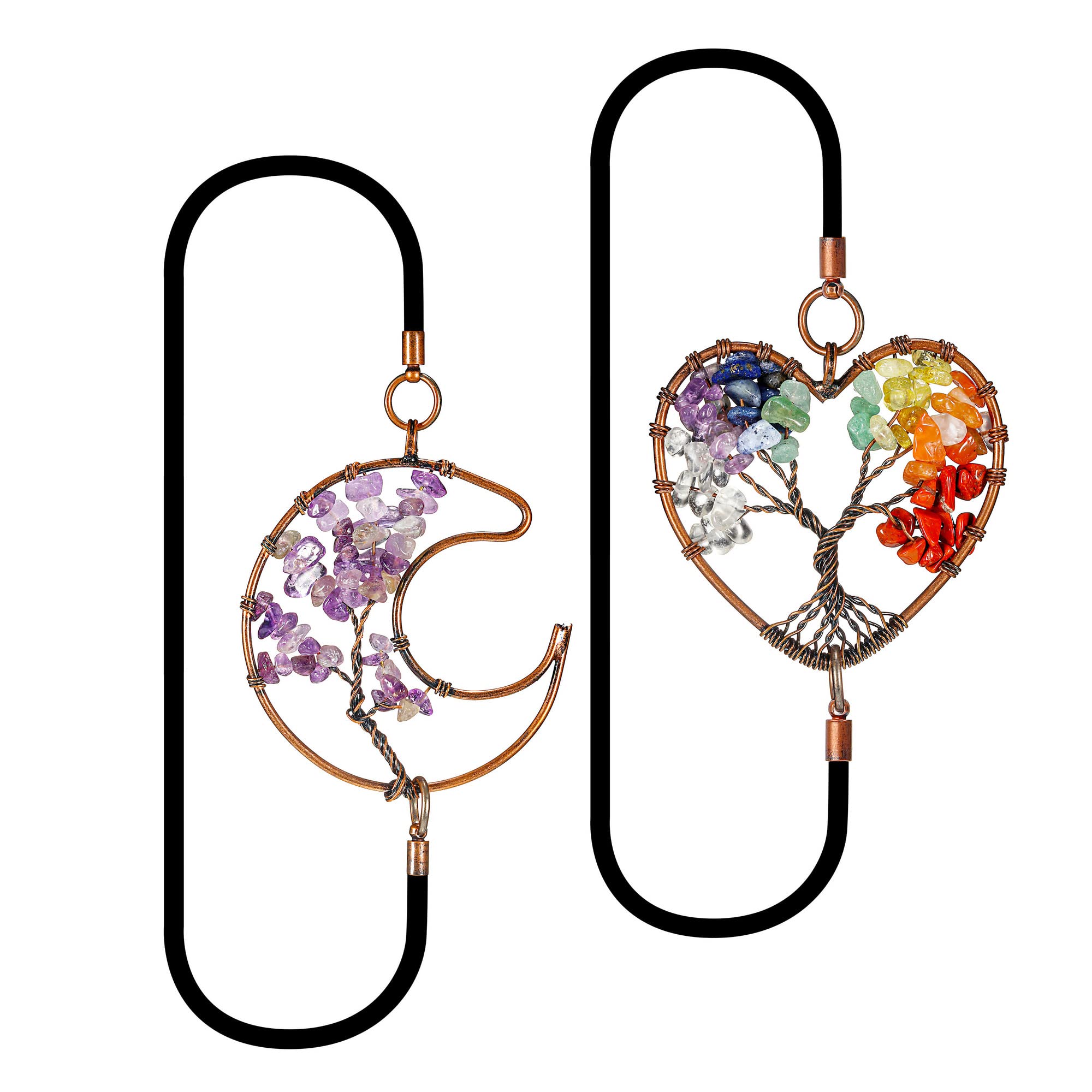 Yoption 2 Pack 7 Chakra Crystal Elastic Bookmark, Antique Copper Heart and Moon Shape Tree of Life Healing Stone Bookmarks for Student Teacher