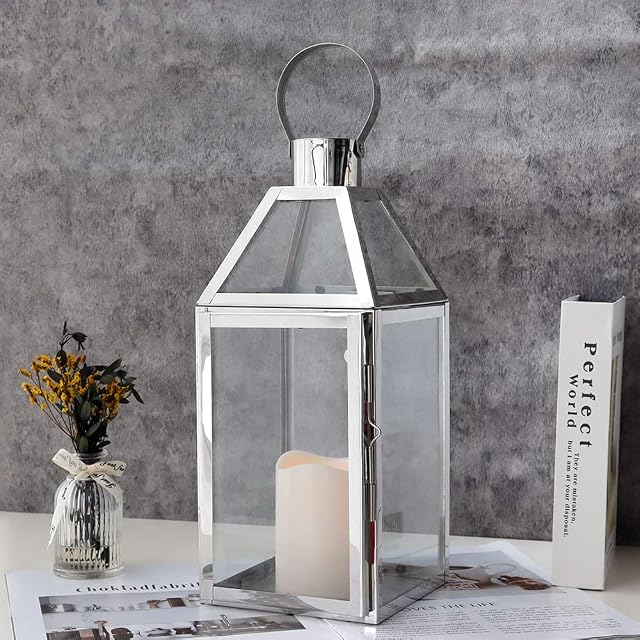 JHY DESIGN Stainless Steel Candle Lantern, 34cm High Hanging Glass Lantern|Candle Holders Balcony Accessories for Candles Indoor Outdoor Party Wedding Garden Hallway Pavilion Patio Living Room(Silver)