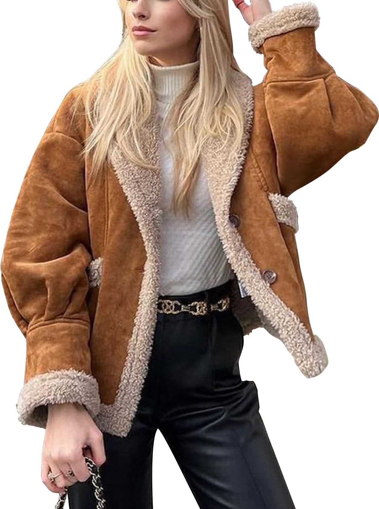 Women's Suede Jacket Faux Shearing Jacket Thick Lined Parka Winter Coat Leather Jacket