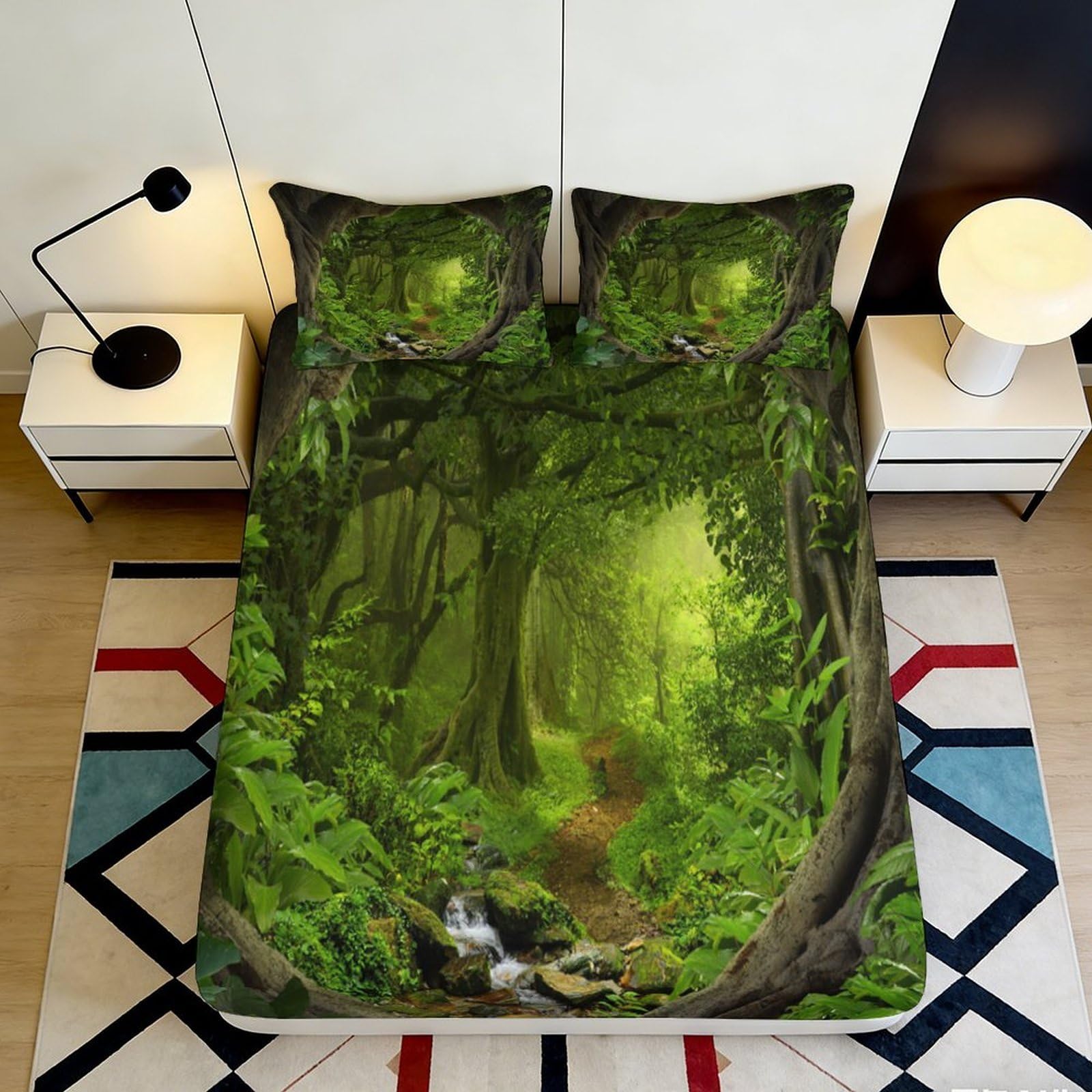 3D Printed Enchanted Forest Fitted Sheet Microfiber Soft Breathable Woodland Path Mattress Cover Bedroom Decor 90x200x25cm