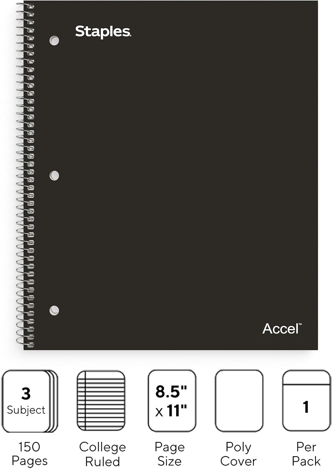 STAPLES TRU RED Premium 3‑Subject Notebook, 8.5” x 11”, College Ruled, 150 Sheets, Black
